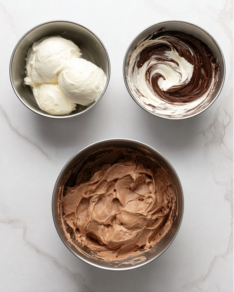 The image shows three metal bowls on a white marbled surface. The first bowl, at the top left, contains two scoops of smooth, white cream. The second bowl, at the top right, has the same white cream as the first, now joined by swirls of rich, dark brown chocolate cream, not yet mixed. The third bowl, centered below the first two, holds a creamy, fully blended chocolate mixture with a soft, fluffy texture and a consistent light brown color. Photo taken with an iphone --ar 4:5 --v 7
