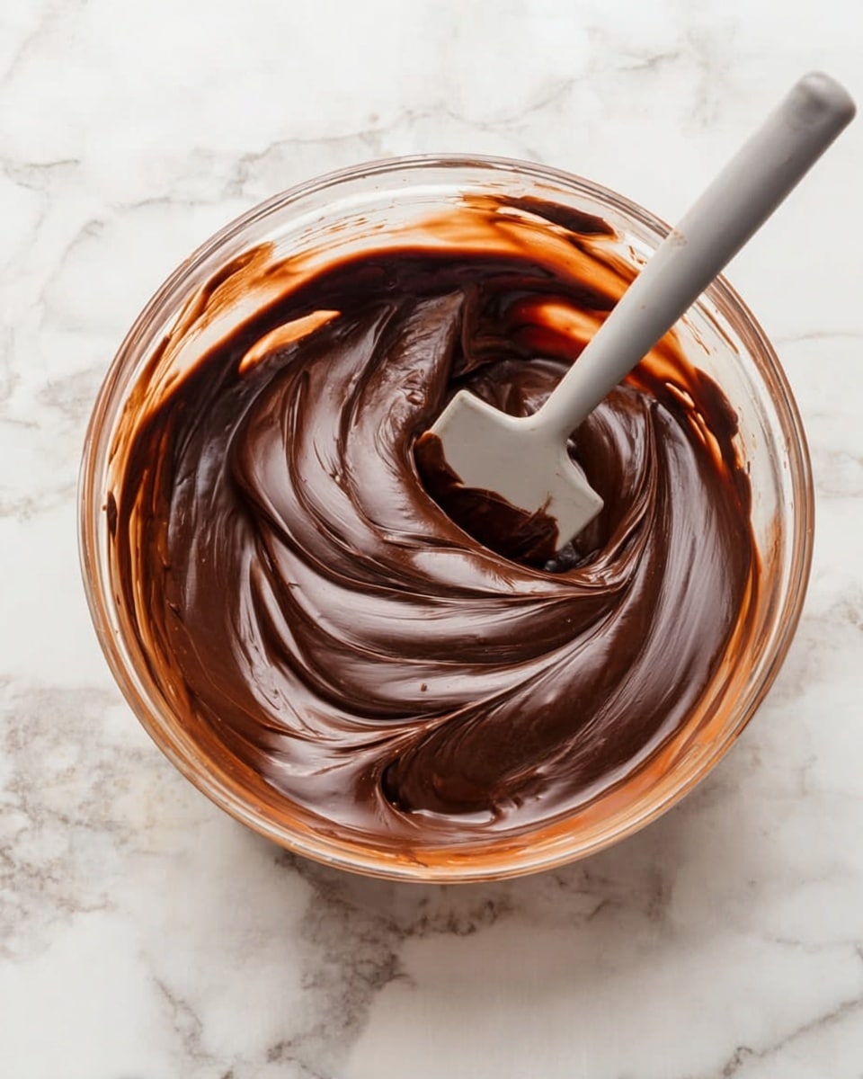 A clear glass bowl filled with smooth, thick dark brown chocolate mixture swirled in soft waves, a light gray spatula stands inside the bowl, covered in the same chocolate mixture, all placed on a white marbled surface photo taken with an iphone --ar 4:5 --v 7