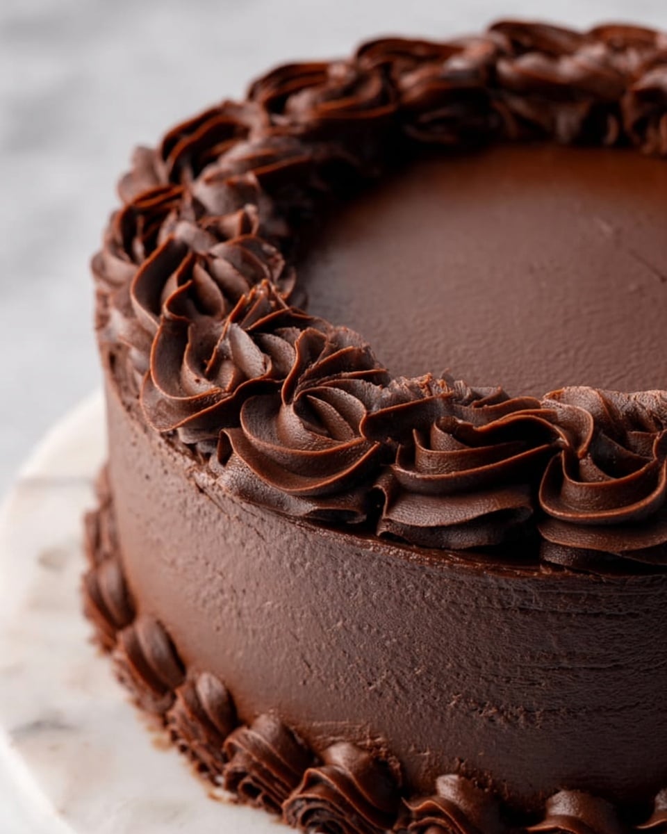 The image shows a close-up of a smooth chocolate cake with two layers, covered in thick, dark chocolate frosting. On the top edge, there is a thick ring of dark chocolate frosting swirled into tight, wavy shapes, creating a textured border around the flat, smooth chocolate icing in the center. The overall look is rich and glossy with a creamy texture. The cake sits on a white marbled surface. photo taken with an iphone --ar 4:5 --v 7