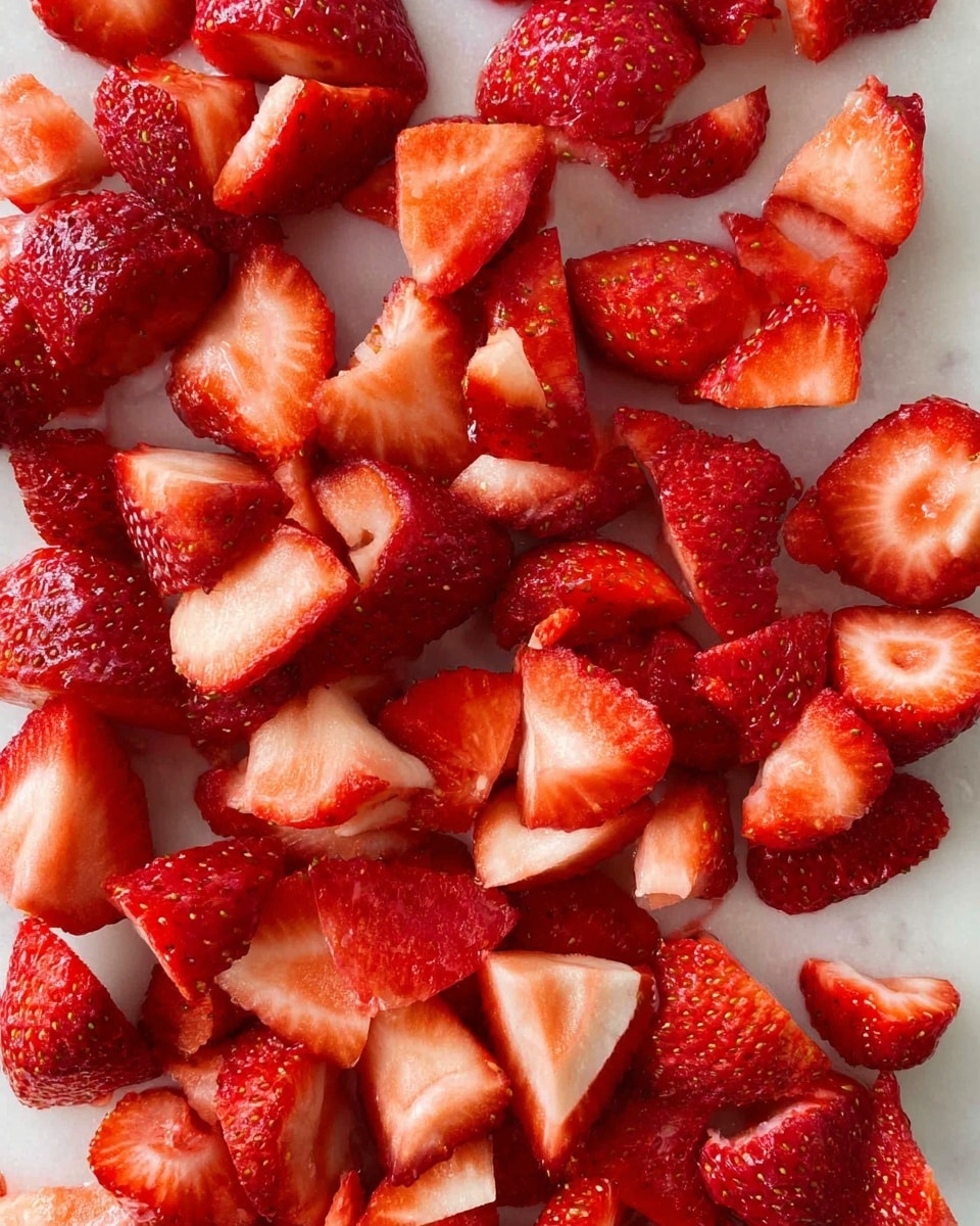 The image shows a close-up view of many fresh strawberries that are cut into different sizes and shapes. The pieces are spread out on a white marbled surface. The colors range from bright red on the outside to a lighter pinkish-red inside, showing the juicy and soft texture of the strawberries. The overall look is fresh and colorful, filling most of the space. photo taken with an iphone --ar 4:5 --v 7