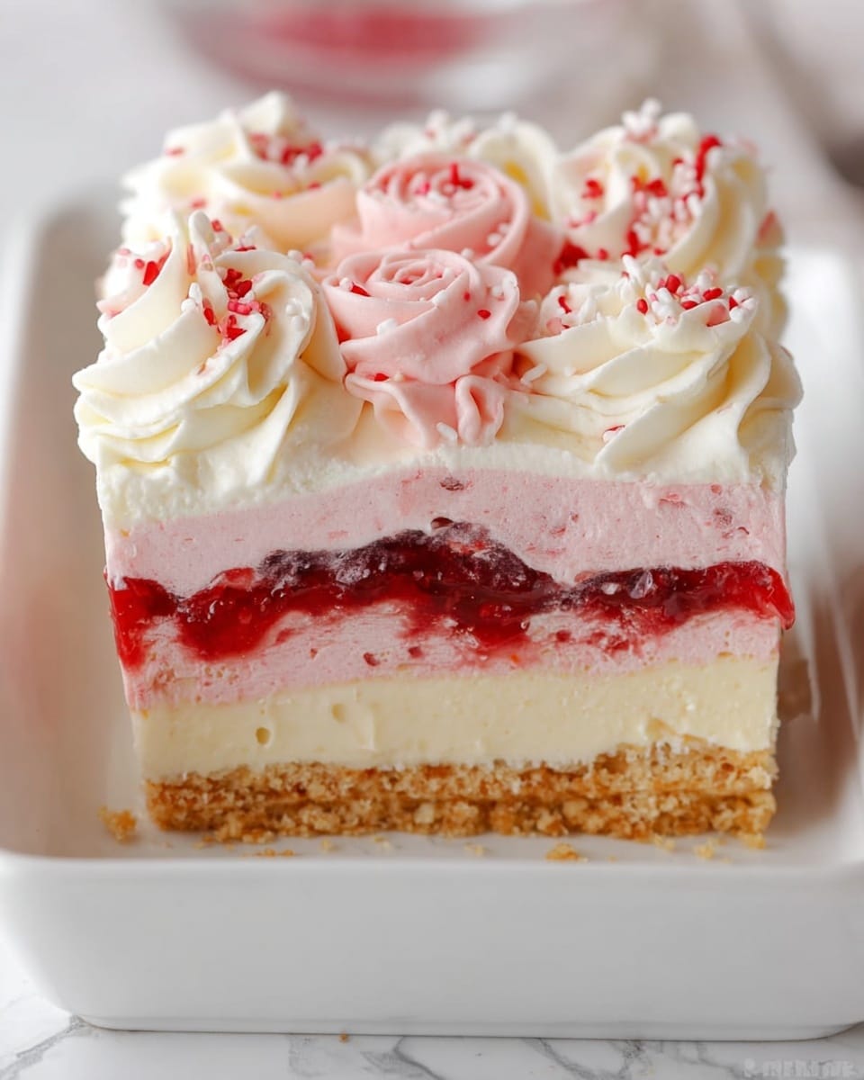 This is a slice of a layered dessert in a white rectangular dish on a white marbled surface. The bottom layer is a crumbly light brown crust. Above it is a red strawberry jam layer with visible strawberry bits. Above the jam is a smooth, creamy off-white layer. Above that is a thick, soft pink layer. The top has white whipped cream piped in rose-like swirls and small red sprinkles. photo taken with an iphone --ar 4:5 --v 7
