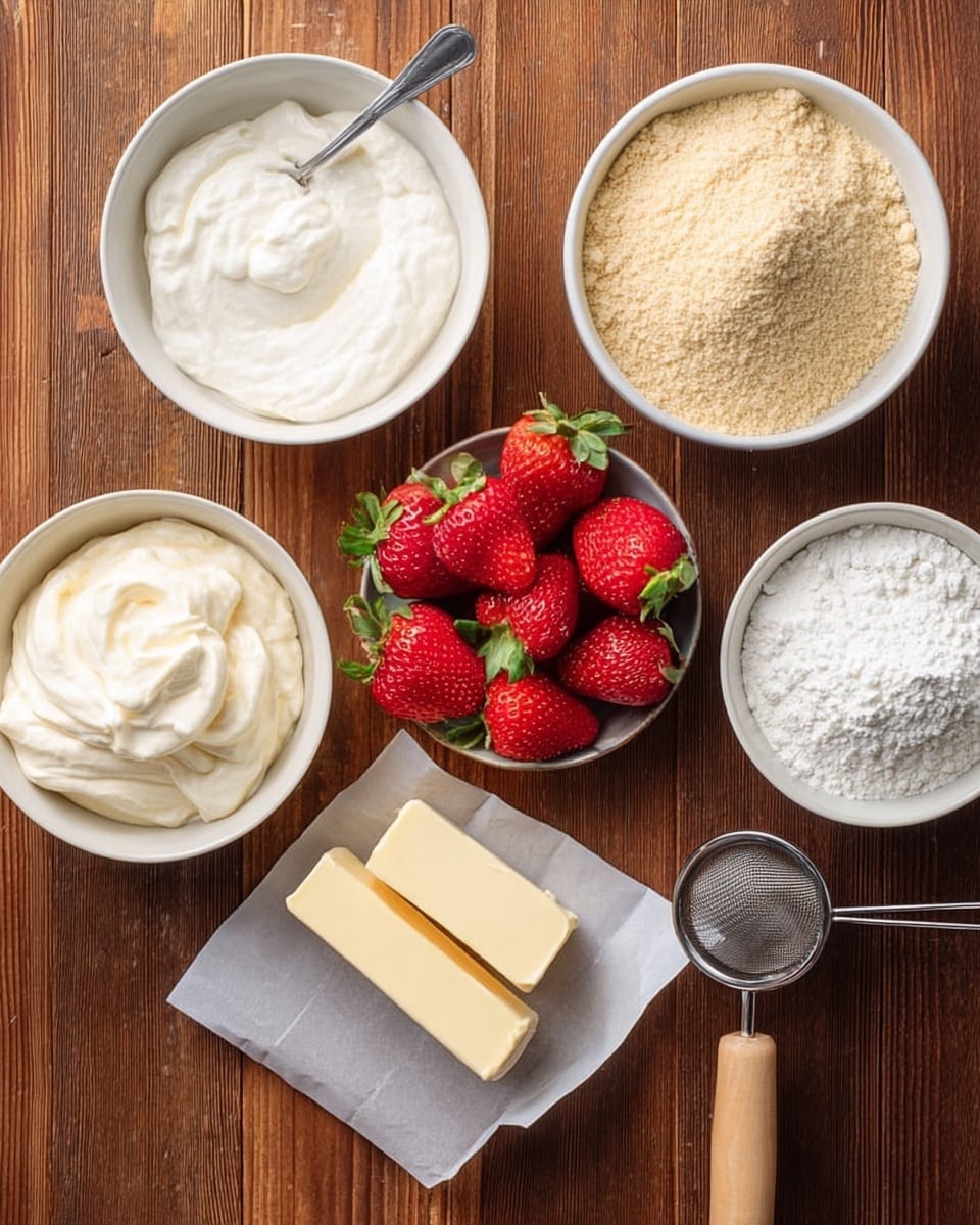 The image shows several bowls and ingredients arranged on a wooden surface. There are six main items: a white bowl filled with smooth white cream topped with a spoon on the left, a white bowl with light brown crumbs, a white bowl full of white powder that looks like sugar or flour, a white bowl with fresh red strawberries with green leaves in the center, two sticks of light yellow butter on a white piece of paper, a small white bowl with white tofu blocks, and a metal sifter with a wooden handle positioned on the right side. The wooden surface has a warm brown tone with a visible grain. photo taken with an iphone --ar 4:5 --v 7