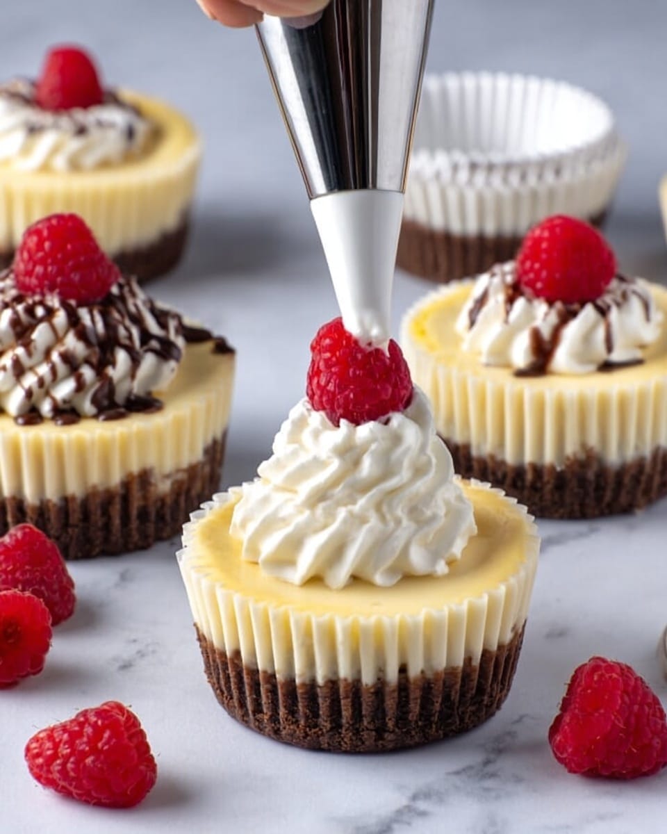 The image shows a close-up of three cheesecakes on white cupcake liners, placed on a white marbled surface. Each cheesecake has two layers: a dark brown base at the bottom and a light creamy yellow layer on top. A woman's hand is using a piping bag with white cream to add a thick swirled topping on the middle cheesecake. Two cheesecakes are decorated with a bright red raspberry on top and thin drizzles of dark chocolate sauce. More fresh raspberries rest on the surface around the cheesecakes. One white cupcake liner is empty and placed in the background. Photo taken with an iphone --ar 4:5 --v 7