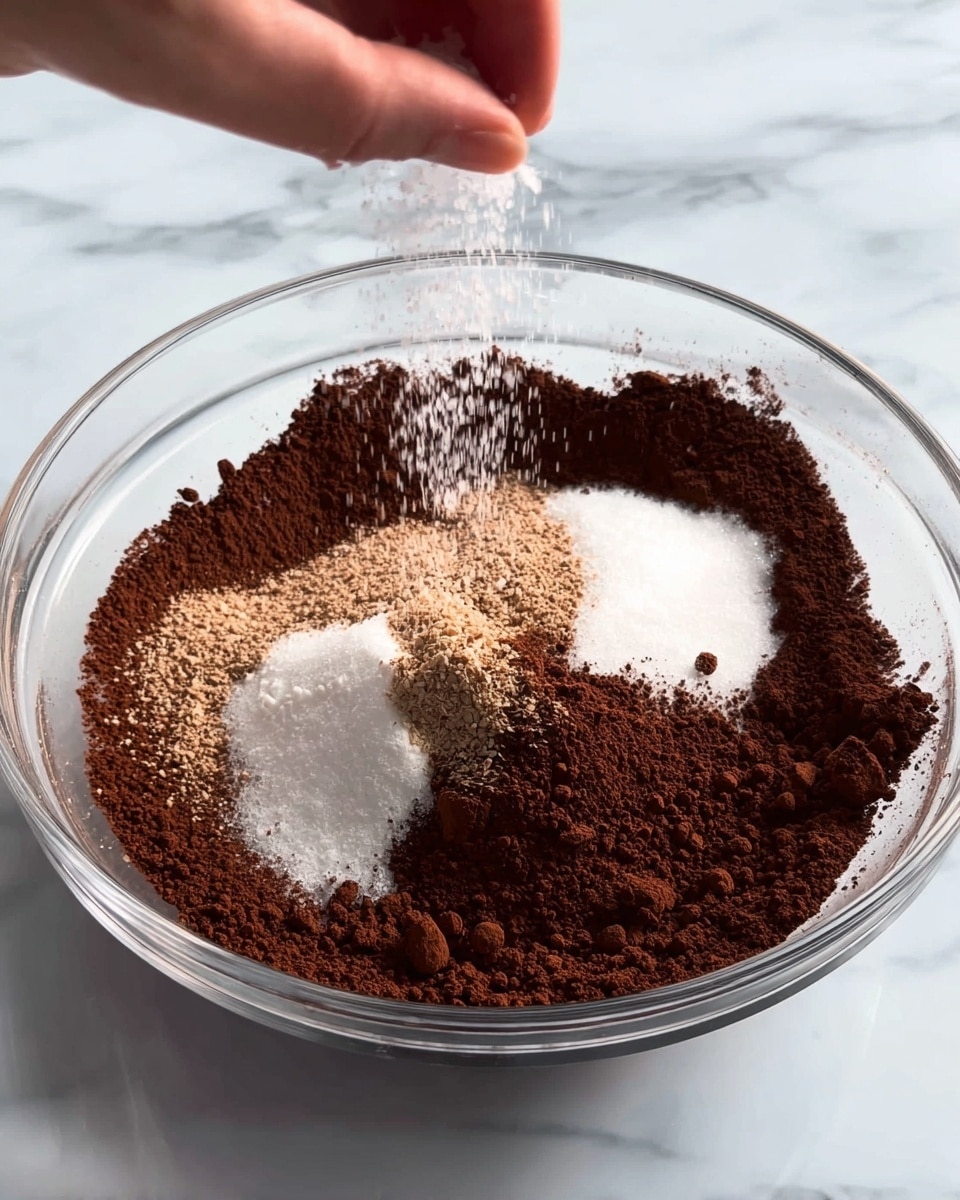 A clear glass bowl sits on a white marbled surface, filled with several layers of dry ingredients: a base of dark brown cocoa powder covers the bottom and sides, a small pile of light brown granules gathered near the center, and a heap of fine white sugar powder sprinkled on one side. A woman's hand hovers above the bowl, dropping a pinch of salt into the center, with some salt crystals visible in mid-air, adding a dynamic feel to the scene. The cocoa powder's texture is fine but uneven, some parts forming small clumps, and it lightly dusts the inside surface of the bowl. photo taken with an iphone --ar 4:5 --v 7