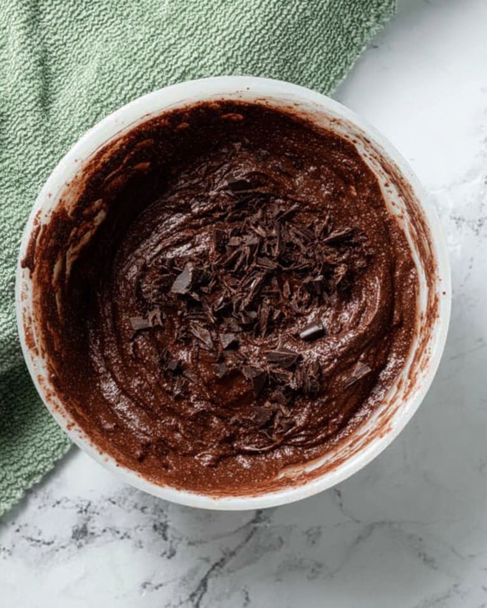 A white bowl filled with thick, dark brown chocolate batter, slightly swirled around the edges, with uneven dark chocolate flakes scattered on top. The bowl sits on a white marbled surface, and next to it is a green textured cloth partially visible in the corner. The batter looks smooth but dense with a rich, glossy texture. photo taken with an iphone --ar 4:5 --v 7