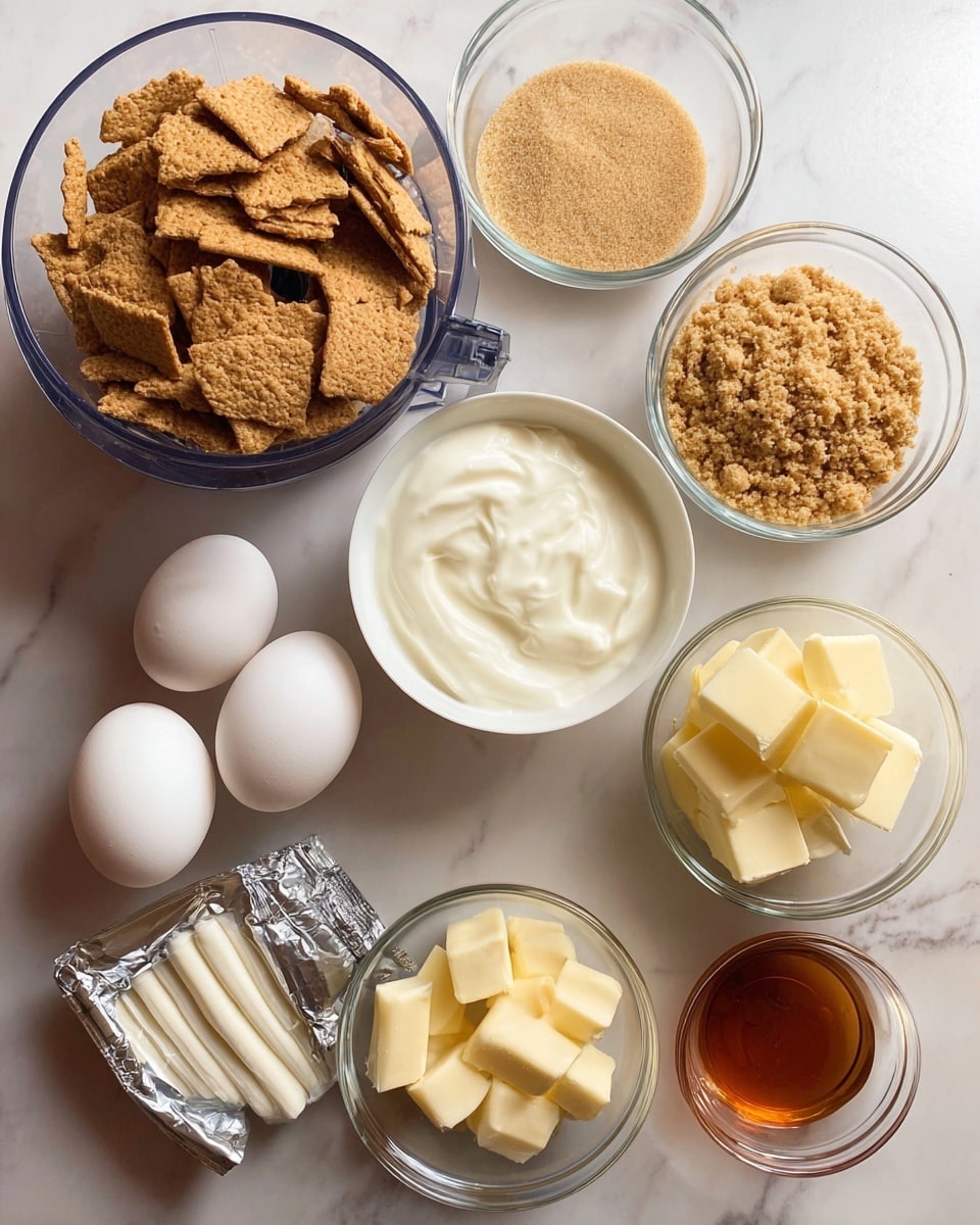 The image shows a top view of several ingredients arranged on a white marbled surface. There is a clear food processor bowl filled with broken light brown crackers on the top left. Below it, a white bowl holds smooth, white cream. To its right, a small glass bowl contains light brown sugar, and next to it is another glass bowl with crumbled, pale golden crumbs. Two whole eggs sit side by side beneath these bowls. On the lower left, an opened foil packet reveals four white cream cheese sticks. To the right of the eggs, a small glass bowl holds cubed yellow butter, and below that is a small bowl with a smooth amber liquid, possibly syrup or honey. The arrangement is neat and the lighting is bright and clear, showing all textures well. Photo taken with an iphone --ar 4:5 --v 7