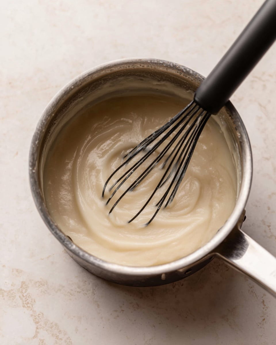 The image shows a close-up of a small layer of pale creamy sauce with a smooth and thick texture inside a shiny silver pot, with a black whisk resting on the right side stirring the sauce, all placed on a white marbled surface photo taken with an iphone --ar 4:5 --v 7