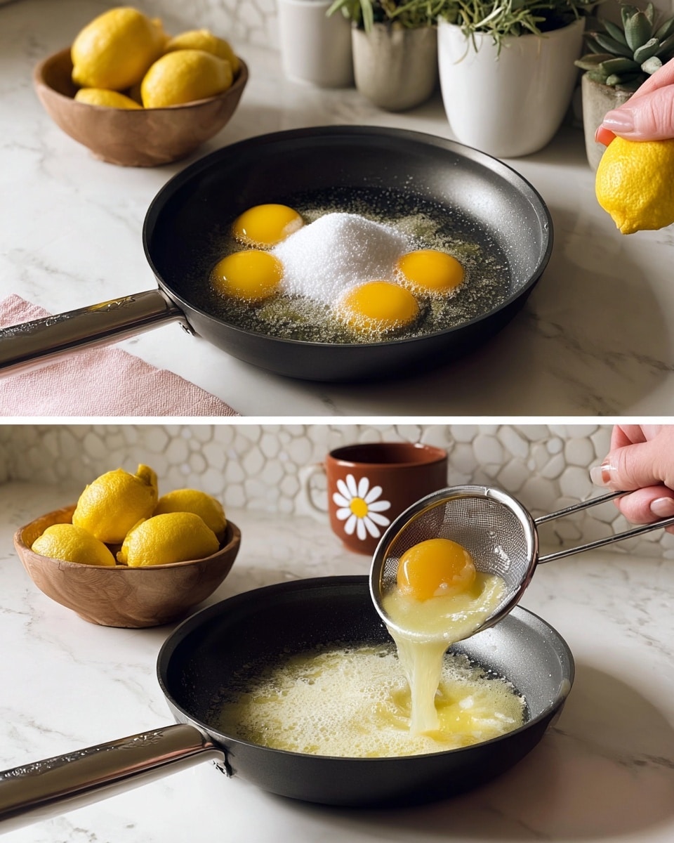 In the first image, a black frying pan is placed on a white marbled surface with four bright yellow egg yolks surrounding a mound of white granulated sugar at the center of the pan. Next to the pan, there is a wooden bowl filled with yellow lemons. In the second image, a woman's hand is squeezing a halved lemon over the frying pan, while the juice passes through a small metal sieve held by the other woman's hand, mixing into a pale yellow, frothy liquid in the pan. The background shows white tiled walls, potted plants in white pots, and a brown cup with a white daisy design on the rim. photo taken with an iphone --ar 4:5 --v 7