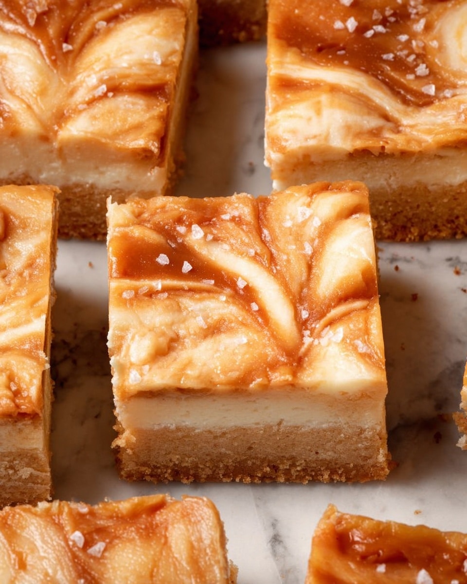 The image shows a close-up of square pieces of a dessert with three visible layers. The bottom layer is a light brown, crumbly crust with a coarse texture. The middle layer is creamy and off-white, smooth and thick, covering the crust fully. The top layer has a swirled pattern of caramel brown and cream colors, creating a marbled effect with small grains of salt sprinkled on top. The squares are placed close together on a white marbled surface. Photo taken with an iphone --ar 4:5 --v 7