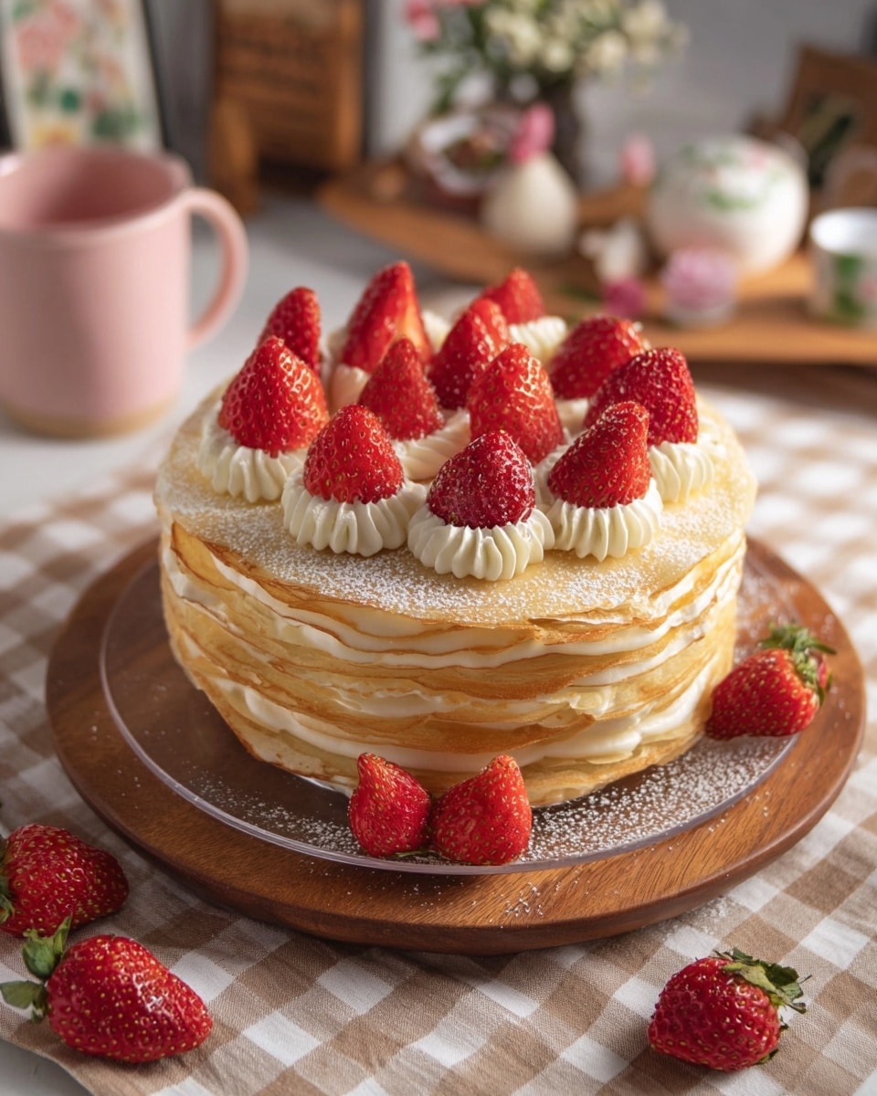 A tall crepe cake with about 10 thin, golden layers separated by white cream filling sits on a clear round plate atop a wooden board. On top of the cake, there are fresh red strawberry halves placed over small dollops of white cream in a circular pattern, with a light dusting of powdered sugar. Around the base of the wooden board, whole strawberries are scattered. The scene is set on a beige and white checkered cloth with a white marbled surface underneath, and blurred background elements include a floral mug, pink bowl, and small decorative items. Photo taken with an iphone --ar 4:5 --v 7