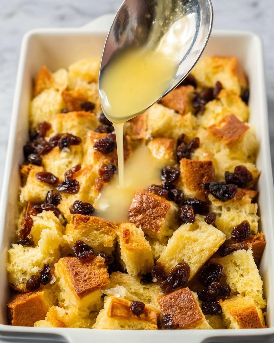 The image shows a white rectangular baking dish filled with a layered bread pudding. The bottom layer consists of large, soft cubes of golden-yellow bread with a light, spongy texture. Scattered evenly on top are dark brown raisins, adding contrast in color and texture. A spoon above the dish pours a shiny, pale yellow liquid, likely melted butter or custard, over the raisins and bread, giving the surface a glistening look. The white marbled surface underneath adds brightness to the scene. Photo taken with an iphone --ar 4:5 --v 7
