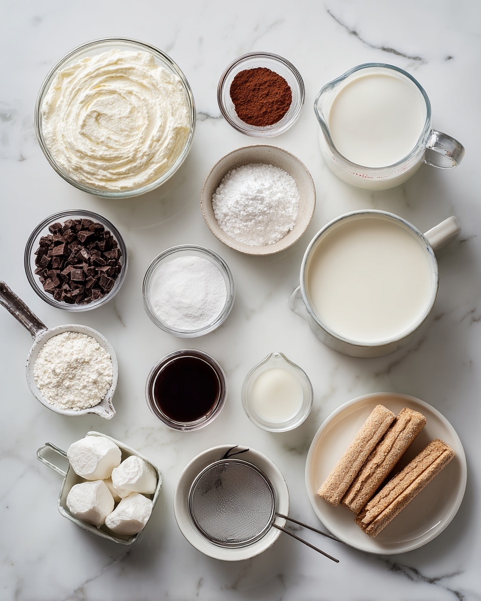 Top-down professional food photography, flat lay style, bright white marble countertop, neatly arranged, evenly spaced, tidy, clean organized layout. Include: bowl of mascarpone cheese, small bowl of powdered sugar, glass measuring cup of milk, small glass cup of vanilla flavoring, glass measuring cup of whipping cream, small bowl of finely chopped dark chocolate, small bowl of instant espresso powder, small plate of ladyfingers, fine mesh sieve with cocoa powder. Bright soft natural lighting, sharp focus, high detail textures, realistic reflections, professional DSLR look, 4K. No finished dish, no cooked food, no hands, no text, no watermark, no brand logos --ar 4:5 --v 7