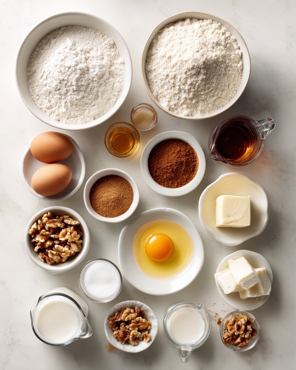 Top-down professional food photography flat lay style, bright white marble countertop, neatly arranged, evenly spaced, tidy, clean organized layout, include: bowl of flour, small bowl of baking powder, small bowl of sugar, small bowl of brown sugar, small bowl of cinnamon, small bowl of chopped walnuts, glass measuring cup of milk, glass measuring cup of oil, bottle of vanilla essence, small plate with egg, small plate with melted butter, small plate with room temperature butter, small bowl of powdered sugar, small glass cup of extra milk, bright soft natural lighting, sharp focus, high detail textures, realistic reflections, professional DSLR look, 4K, no finished dish, no cooked food, no hands, no text, no watermark, no brand logos --ar 4:5 --v 7