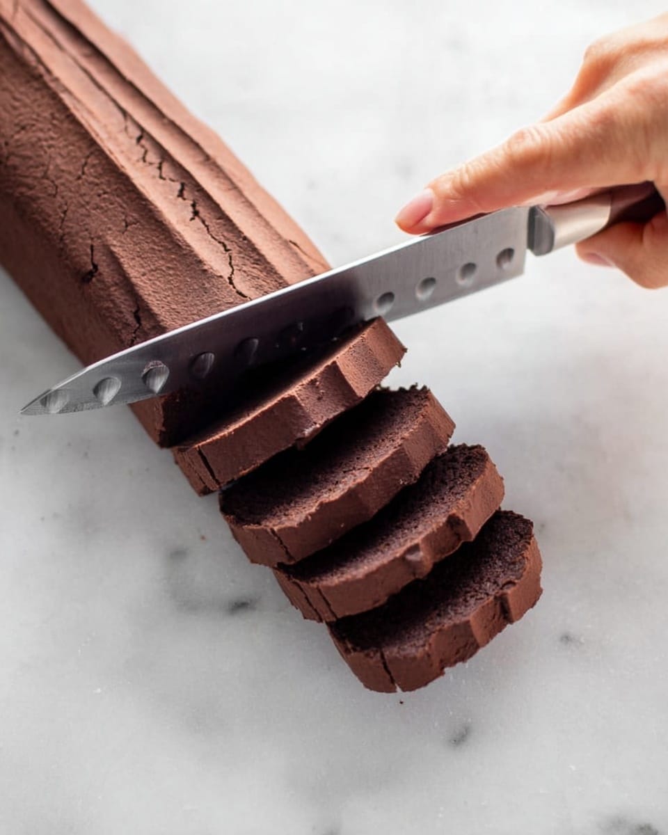 A long, dark brown chocolate dough log is being sliced on a white marbled surface. The log has a smooth but slightly cracked texture. One slice is halfway done, with four evenly cut slices lined up neatly in front. A woman's hand is steadying the dough while holding a large, silver knife with dimples on the blade. Photo taken with an iphone --ar 4:5 --v 7