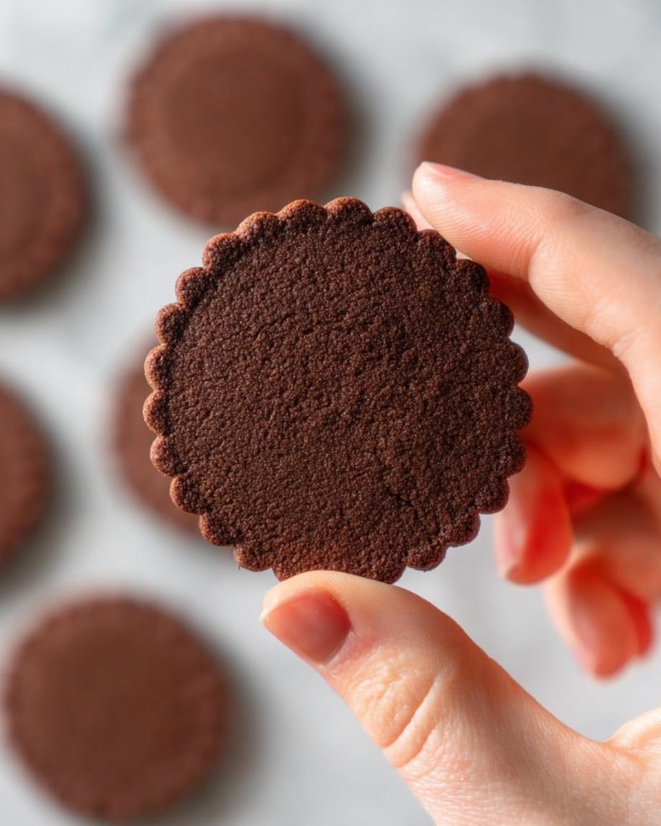 A woman's hand is holding a single round chocolate cookie with scalloped edges, showing its textured surface with small, uneven cracks. The cookie is a rich dark brown color. In the blurred background, there are several more of the same cookies spread out evenly on a white marbled surface. The photo taken with an iphone --ar 4:5 --v 7