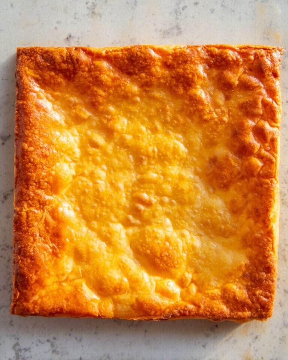 The image shows a single square piece of golden-brown baked pastry with a slightly puffy and uneven surface. The pastry is cracked in some places and has small air bubbles spread across its top. The edges are slightly thicker and have a darker golden tone, giving a crisp look, while the center is smoother and lighter in color with a few crinkles. The pastry rests on a pale baking sheet, which is set on a white marbled surface. photo taken with an iphone --ar 4:5 --v 7