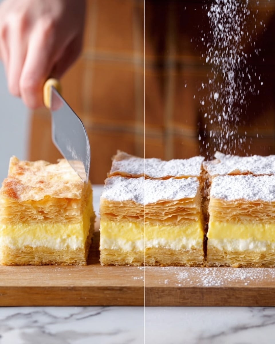 A close-up view of a square shaped layered dessert on a wooden board, with four equal pieces already separated. The dessert has three visible layers: a light golden brown flaky top layer, a thick creamy yellow middle layer, and another golden brown flaky bottom layer. A woman's hand holds a knife cutting the dessert into pieces on the left side. On the right side, powdered sugar is being sprinkled over the dessert from above, creating a fine white dust on the top flaky layer. The background surface is a white marbled texture. Photo taken with an iphone --ar 4:5 --v 7