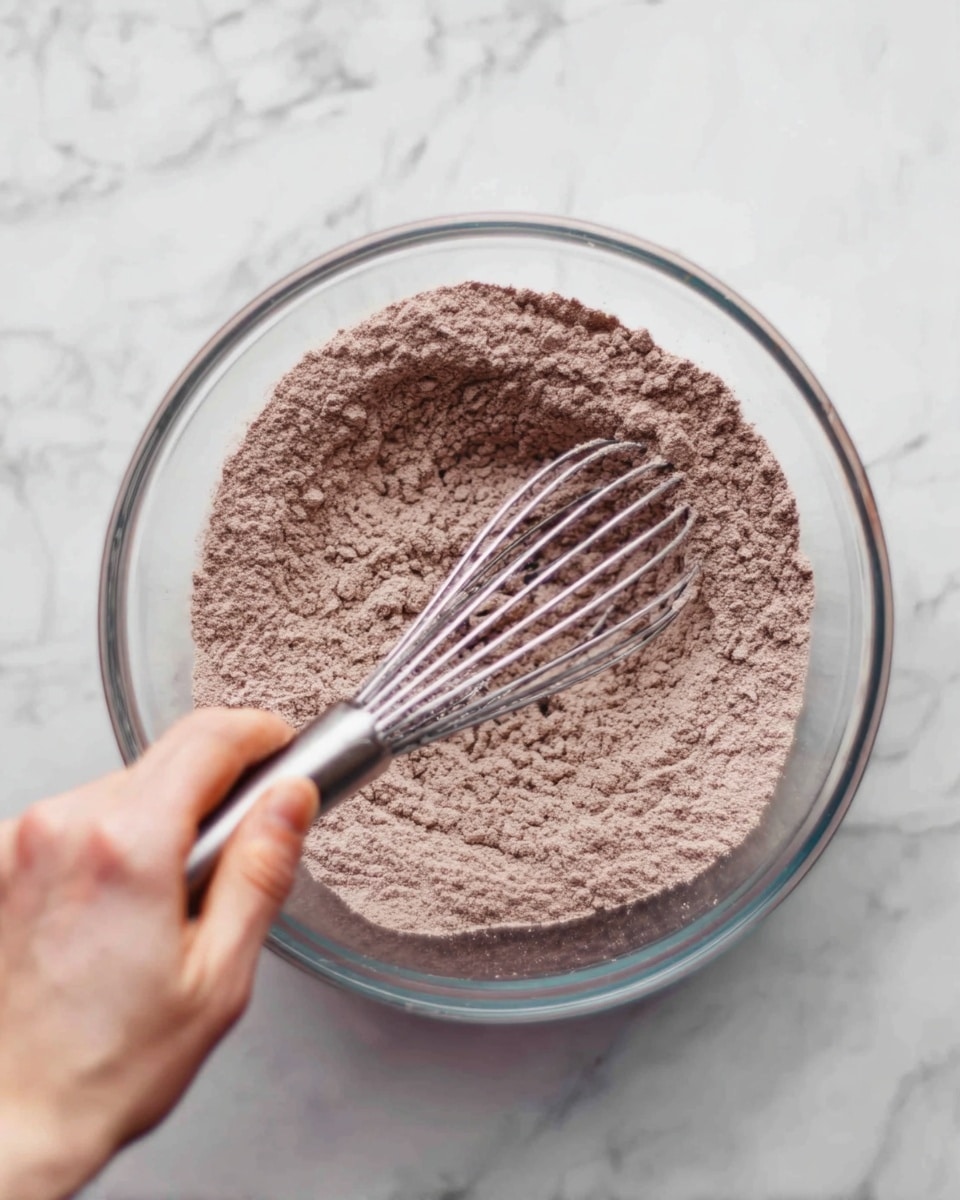 A clear glass bowl sits on a white marbled surface, filled with a dry mixture of light brown cocoa powder, flour, and other ingredients. A woman's hand is holding a silver whisk, mixing the powdery ingredients inside the bowl. The texture of the mixture is soft and powdery, with slight clumps as it is stirred. Photo taken with an iphone --ar 4:5 --v 7