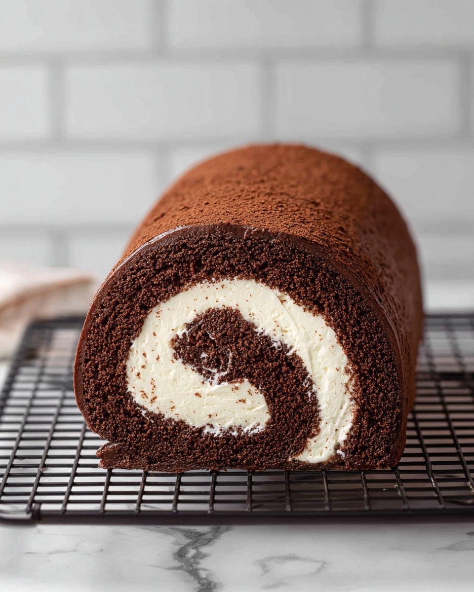 A chocolate roll cake with one visible thick layer of dark brown sponge cake wrapped around a thick layer of pale cream filling, spiraled inside to create a swirl pattern from the center to the outside; the cake sits on a black cooling rack with a white marbled surface below it and a white tiled wall in the blurred background photo taken with an iphone --ar 4:5 --v 7