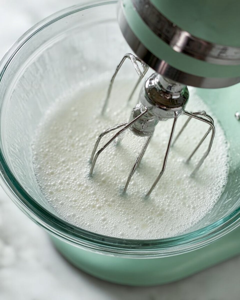 A close-up image shows a glass mixing bowl attached to a light green mixer, with two metal beaters inside. The bowl contains white foamy egg whites being whipped, with small bubbles visible on the surface. The focus is on the texture of the foam and the shiny metal beaters in the center. The bowl sits on a white marbled surface. photo taken with an iphone --ar 4:5 --v 7