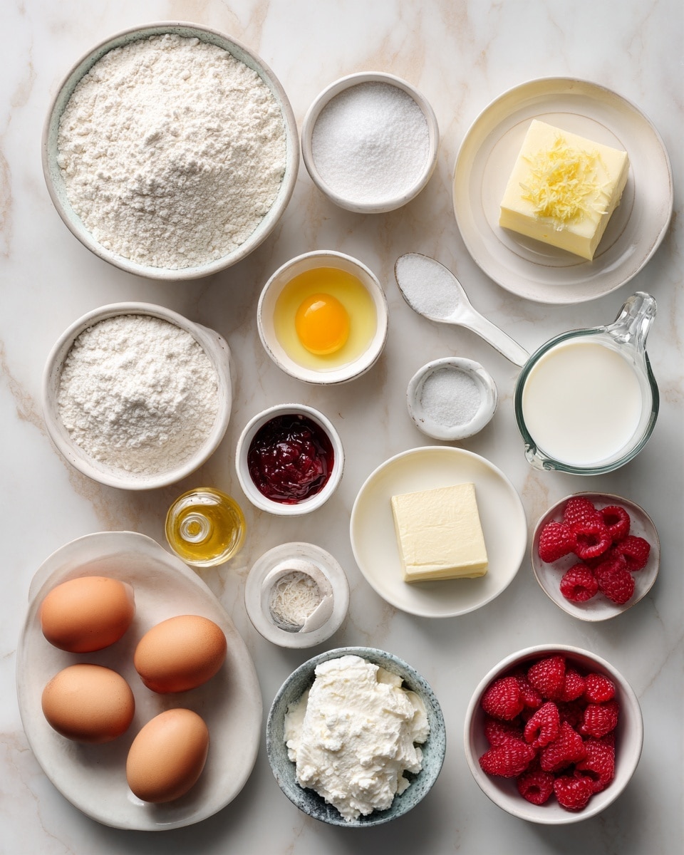 Top-down professional food photography, flat lay style, bright white marble countertop, neatly arranged, evenly spaced, tidy, clean organized layout. Include: bowl of all-purpose flour, small bowl of baking powder, small bowl of salt, bowl of granulated sugar with lemon zest, small plate with unsalted butter and vegetable oil, small plate with large eggs, glass measuring cup of milk with lemon juice, small bowl of lemon zest, small bottle of lemon flavoring, small bottle of vanilla flavoring, bowl of powdered sugar, small bowl of cream cheese, small glass cup of milk, small bowl of raspberry jam, small bowl of fresh raspberries. Bright soft natural lighting, sharp focus, high detail textures, realistic reflections, professional DSLR look, 4K. No finished dish, no cooked food, no hands, no text, no watermark, no brand logos --ar 4:5 --v 7