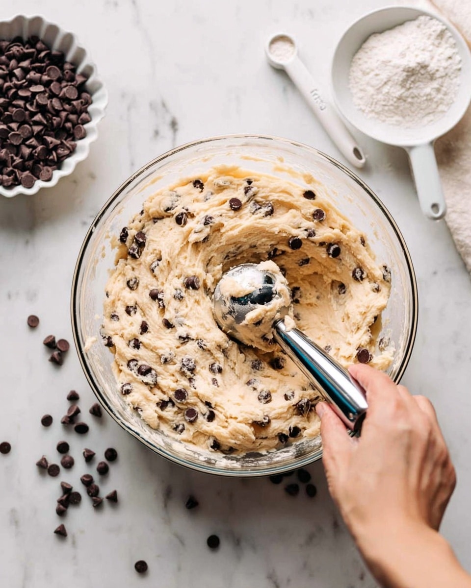 A clear glass bowl filled with creamy, light tan dough mixed with numerous small dark brown chocolate chips. A woman's hand is holding a shiny silver ice cream scoop, scooping the dough inside the bowl. Around the bowl, there are scattered chocolate chips and a white marbled surface underneath. To the upper left of the bowl is a white scalloped dish filled with more small chocolate chips, while to the upper right, there are white measuring spoons filled with white powder. photo taken with an iphone --ar 4:5 --v 7