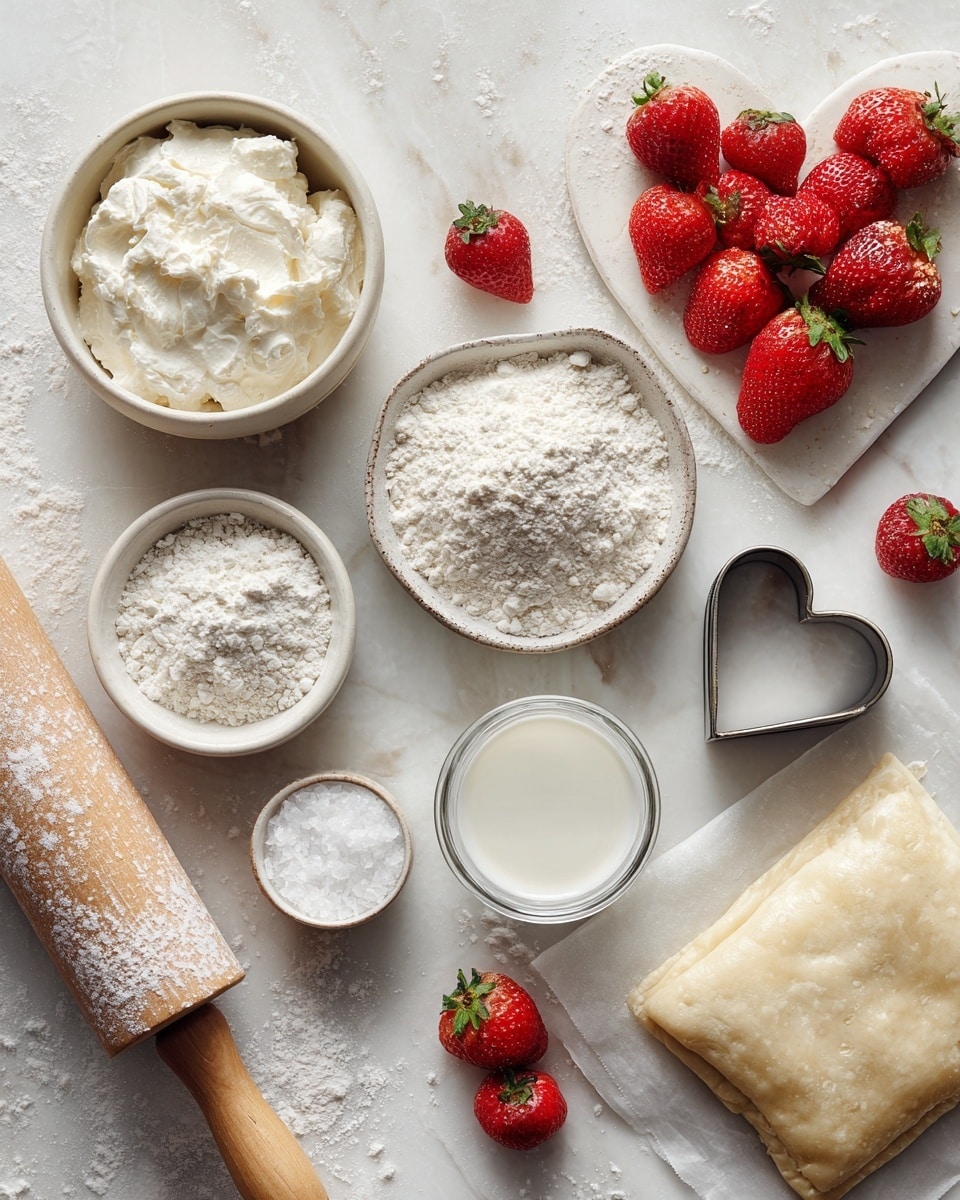 Top-down professional food photography, flat lay style, bright white marble countertop, neatly arranged, evenly spaced, tidy, clean organized layout, include: bowl of dairy-free cream cheese, small bowl of gluten-free flour, small bowl of caster sugar, small glass cup of dairy-free milk, plate of fresh whole strawberries, heart-shaped cookie cutter, rolling pin with some flour dust, sheet of puff pastry on parchment paper, bright soft natural lighting, sharp focus, high detail textures, realistic reflections, professional DSLR look, 4K, no finished dish, no cooked food, no hands, no text, no watermark, no brand logos --ar 4:5 --v 7