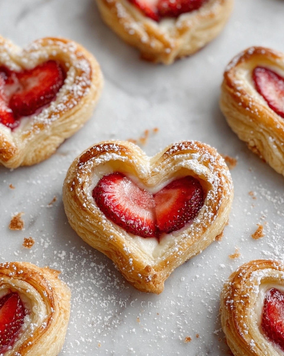 The image shows several heart-shaped pastries arranged on a white marbled surface. Each pastry has two layers: a flaky, golden-brown outer layer with visible texture, and a lighter, cream-colored inner layer surrounding two bright red strawberry slices placed in the center forming a heart shape. The pastries are sprinkled lightly with powdered sugar, adding a soft white dusting over the edges and strawberries. Some crumbs are scattered around the pastries on the surface. The photo is taken with an iphone --ar 4:5 --v 7