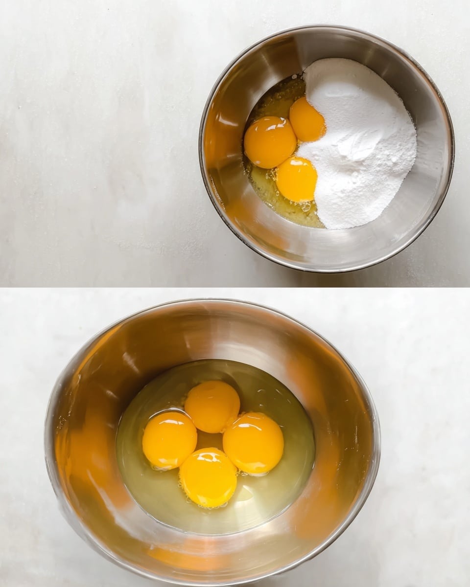 In the first image, four fresh egg yolks and clear egg whites lay at the bottom of a shiny silver mixing bowl, their yellow and transparent colors contrasting with the smooth metal surface. In the second image, a pile of white sugar is added on top of the egg yolks and whites, creating a thick white layer that covers part of the yellow yolks. The silver bowl remains the same, reflecting light softly. Both bowls are placed on a white marbled surface, adding a clean and bright feel to the scene. photo taken with an iphone --ar 4:5 --v 7