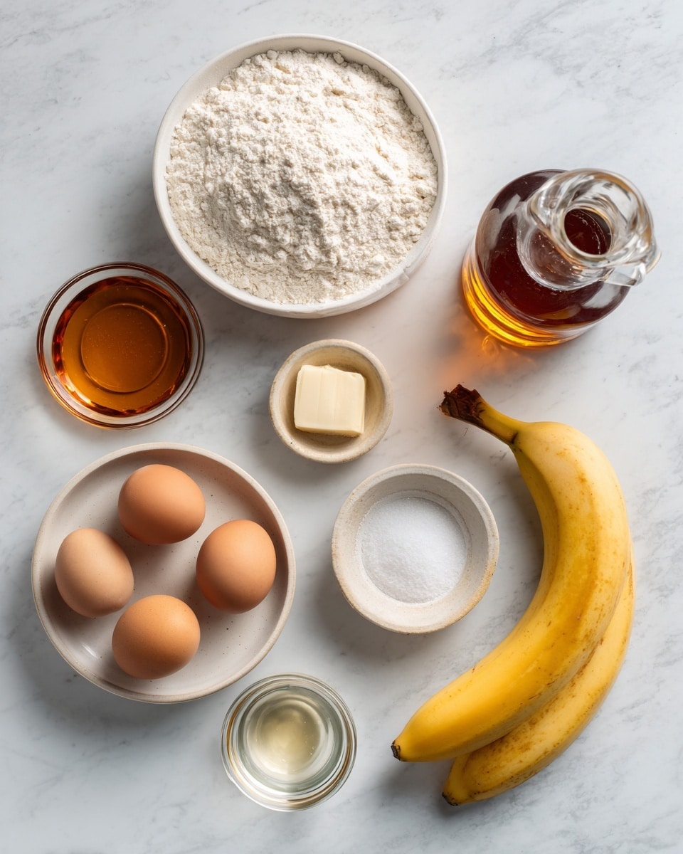 Top-down professional food photography, flat lay style, bright white marble countertop, neatly arranged, evenly spaced, tidy, clean organized layout, include: bowl of all purpose flour, small plate with two whole eggs, small plate with one very ripe banana, small bowl with a pinch of kosher salt, small glass cup with clear cooking oil or melted butter, bottle of maple syrup, bright soft natural lighting, sharp focus, high detail textures, realistic reflections, professional DSLR look, 4K, no finished dish, no cooked food, no hands, no text, no watermark, no brand logos --ar 4:5 --v 7