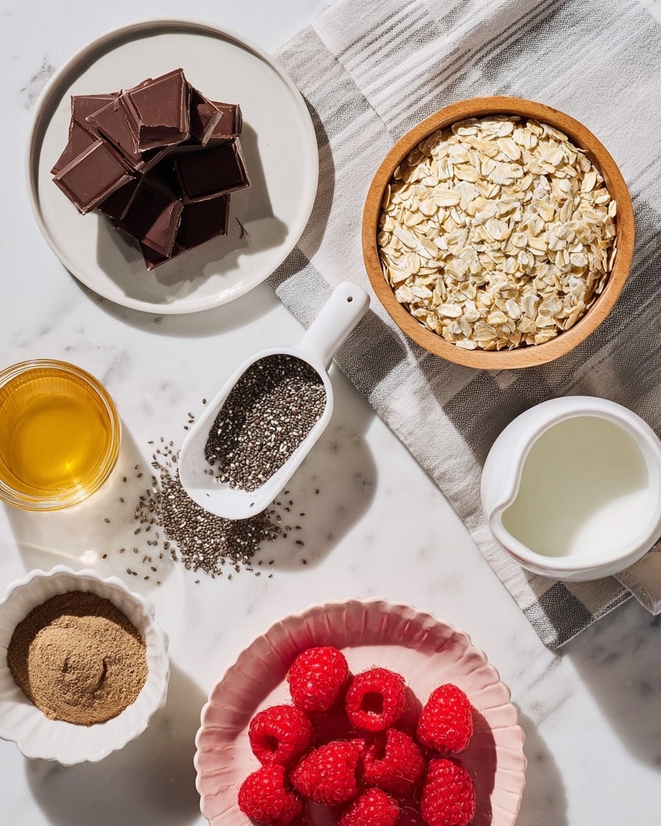 The image shows a flat lay of ingredients arranged neatly on a white marbled surface. In the top left, there is a white plate with thick dark brown chocolate squares stacked loosely. To its right, a wooden bowl filled with pale yellow rolled oats sits on a gray and white striped cloth. Below the bowl, a white scoop lies on the cloth, also filled with rolled oats, with some oats spilled beside it. In the center below, a small white bowl contains tiny black chia seeds. To the left, a small white scalloped dish holds a mound of light brown powder, likely cocoa or cinnamon. Below and slightly left, a small clear liquid container with golden honey shines in natural light. Near the bottom, a light pink ridged plate holds several bright red raspberries, with a few scattered raspberries around it. On the right side beside the chia seeds, there is a small white ceramic pitcher containing a white liquid, possibly milk. The overall color palette includes soft whites, browns, reds, and blacks, with a clean and bright aesthetic. Photo taken with an iphone --ar 4:5 --v 7