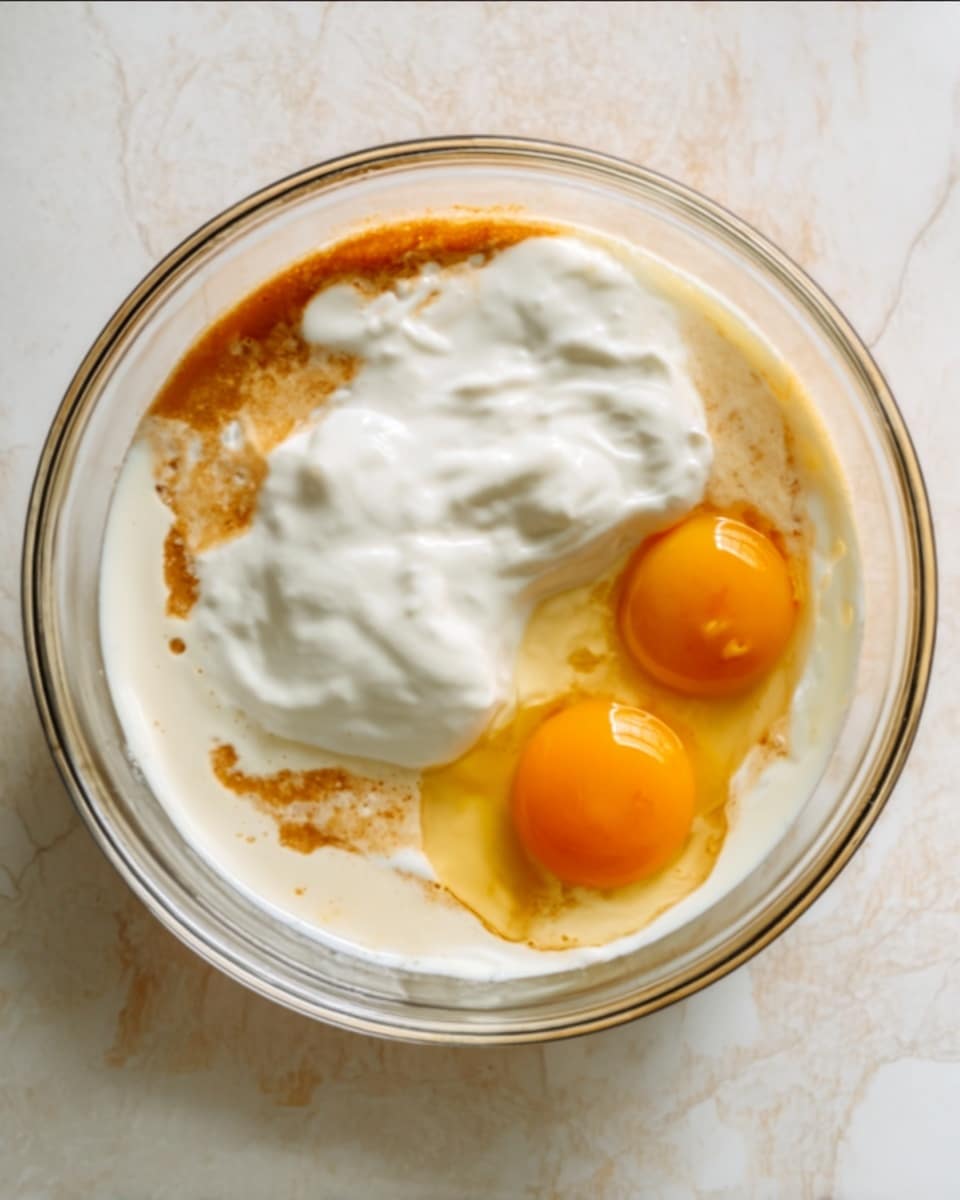 A clear glass bowl filled with three main layers of ingredients: a base layer of light brown liquid with a smooth texture, two bright yellow-orange egg yolks sitting on top near one side, and a large dollop of thick white cream covering part of the liquid and yolks. The bowl rests on a white marbled surface. photo taken with an iphone --ar 4:5 --v 7