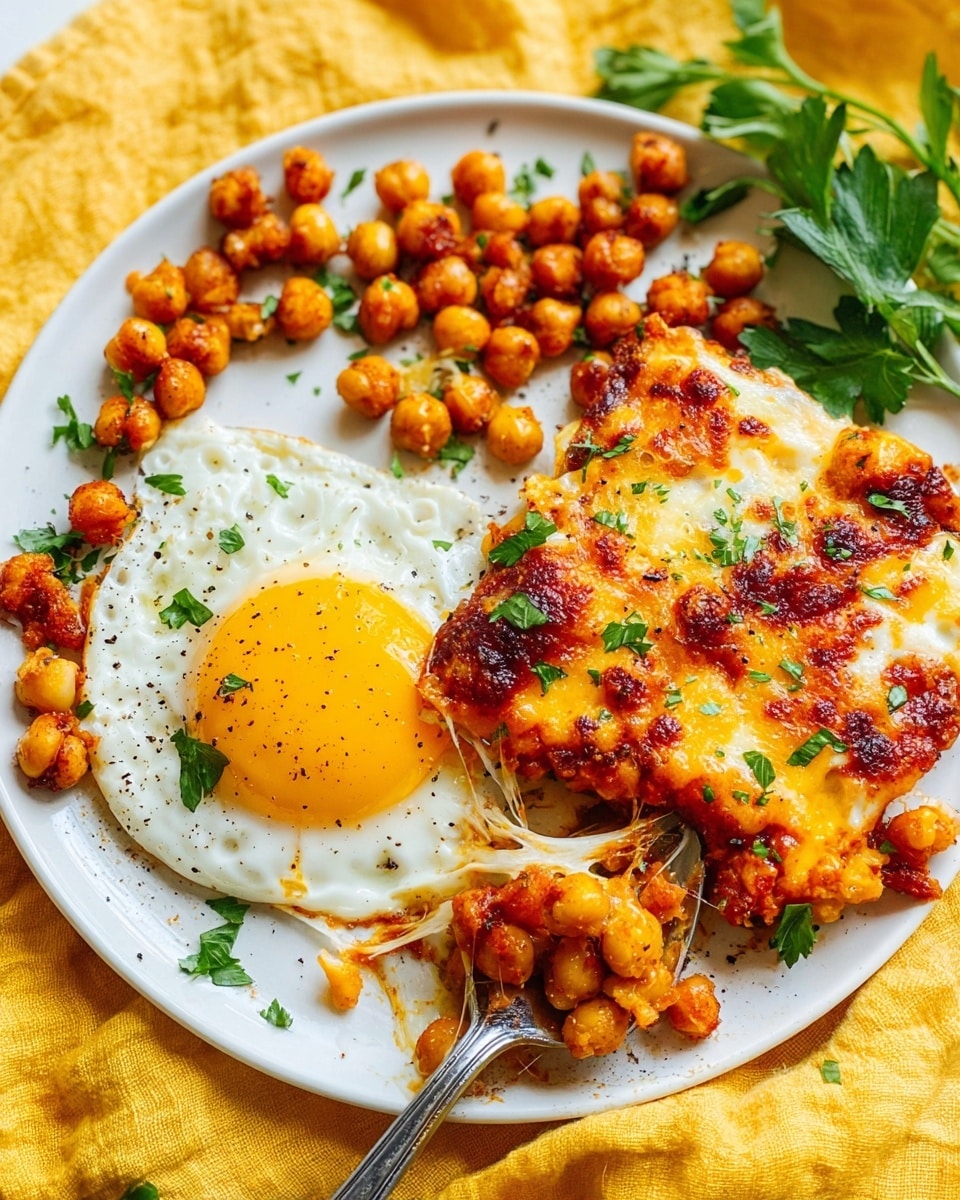 On a white plate with a white marbled background, there is a sunny-side-up egg with a bright yellow yolk and white edges sprinkled with black pepper and chopped green parsley. Next to the egg, golden brown chickpeas are scattered, some coated with a reddish sauce. A square piece of cheesy casserole with a golden brown, slightly crispy top layer covered in chickpeas and the same reddish sauce is placed near the egg. A silver spoon holds a portion of the casserole with melted cheese stretching slightly. The plate is on a yellow cloth, with some green parsley leaves around. Photo taken with an iphone --ar 4:5 --v 7