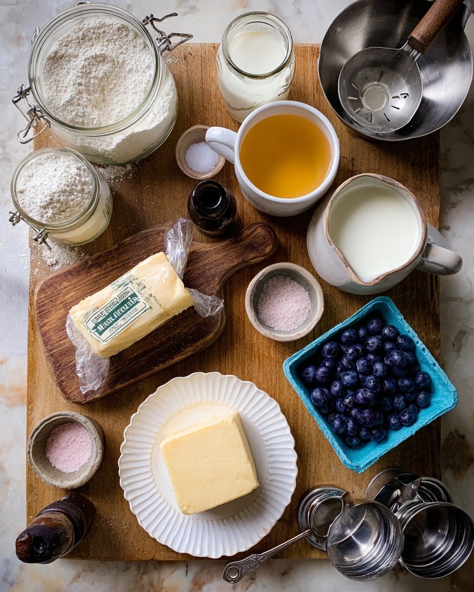 The image shows various baking ingredients arranged on a wooden surface. At the center, there is a small wooden cutting board holding a white mug filled with melted golden butter next to a wrapped block of butter. Below, a white fluted plate has a square piece of soft cream cheese. To the right, a blue paper basket is full of fresh blueberries. Near the bottom right corner, there are metal measuring cups stacked. Above the cutting board, a glass measuring cup holds milk with a wooden bowl of sugar beside it. A glass jar at the top left corner contains white flour with a metal scoop inside. There is also a small dark bottle, a container with powdered yeast, and a small dish of pink salt nearby. A shiny metal mixing bowl is partially visible at the upper right edge. The background is a white marbled surface. photo taken with an iphone --ar 4:5 --v 7