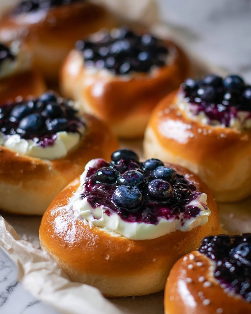 The image shows several round pastries with a shiny golden-brown outer dough as the base layer. Each pastry has a thick white cream layer placed in the middle, topped with a dark purple blueberry jam filling. On top of the jam, there are whole fresh blueberries scattered unevenly, adding texture and depth to the center of each pastry. The pastries are arranged closely together on parchment paper lying on a white marbled surface. The lighting highlights the glossy texture of the dough and the moist, rich look of the blueberry jam. photo taken with an iphone --ar 4:5 --v 7
