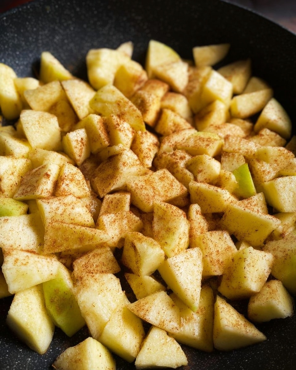 The image shows many pieces of light yellow apple chunks with a light brown cinnamon powder dusted over them, all placed closely together in a black pan with a slightly textured surface. The apple pieces vary in size and shape, some are triangular while others are irregular, and they fill the pan evenly. The apple's skin is mostly peeled off with a few small greenish spots visible. photo taken with an iphone --ar 4:5 --v 7