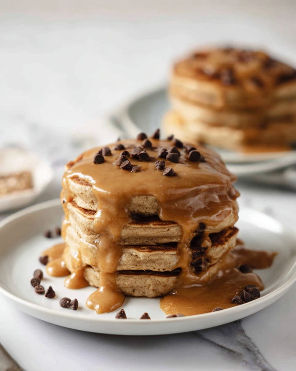 A stack of five thick pancakes sits on a white plate on a white marbled surface. The pancakes are light brown and fluffy, layered evenly. A smooth, light brown sauce covers the pancakes and drips down the sides. Small dark chocolate chips are scattered on top of the sauce, adding texture and contrast. In the background, another similar stack is slightly blurred. The photo taken with an iphone --ar 4:5 --v 7