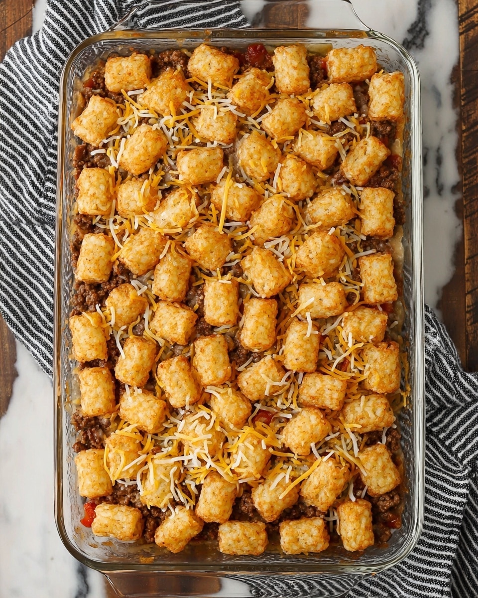 A clear rectangular glass baking dish filled with a layered tater tot casserole. The bottom layer shows browned ground meat mixed with bits of red pepper, topped by a thick layer of golden-brown tater tots, crispy on the outside. Sprinkles of shredded yellow and white cheese are scattered evenly across the top, some melted into the tater tots. The dish sits on a white marbled surface with a black and white striped cloth partly under it. Photo taken with an iphone --ar 4:5 --v 7