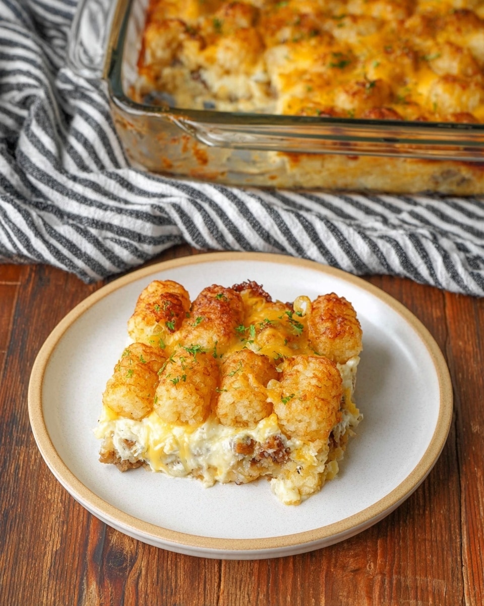 A square piece of baked casserole with three visible layers sits centered on a white plate with a light beige rim. The bottom layer is a mixed light tan and slightly chunky base with small bits resembling ground meat or vegetables. The middle layer is creamy and pale yellow with melted cheese mixed in, while the top layer consists of evenly spaced, golden brown tater tots that look crisp, topped with melted cheese and small green herb sprinkles. Behind this plate, a larger glass baking dish holds the same casserole, showing the same three layers with a golden cheesy top and browned tater tots. The background is a wood surface covered partially with a striped black and white cloth. photo taken with an iphone --ar 4:5 --v 7