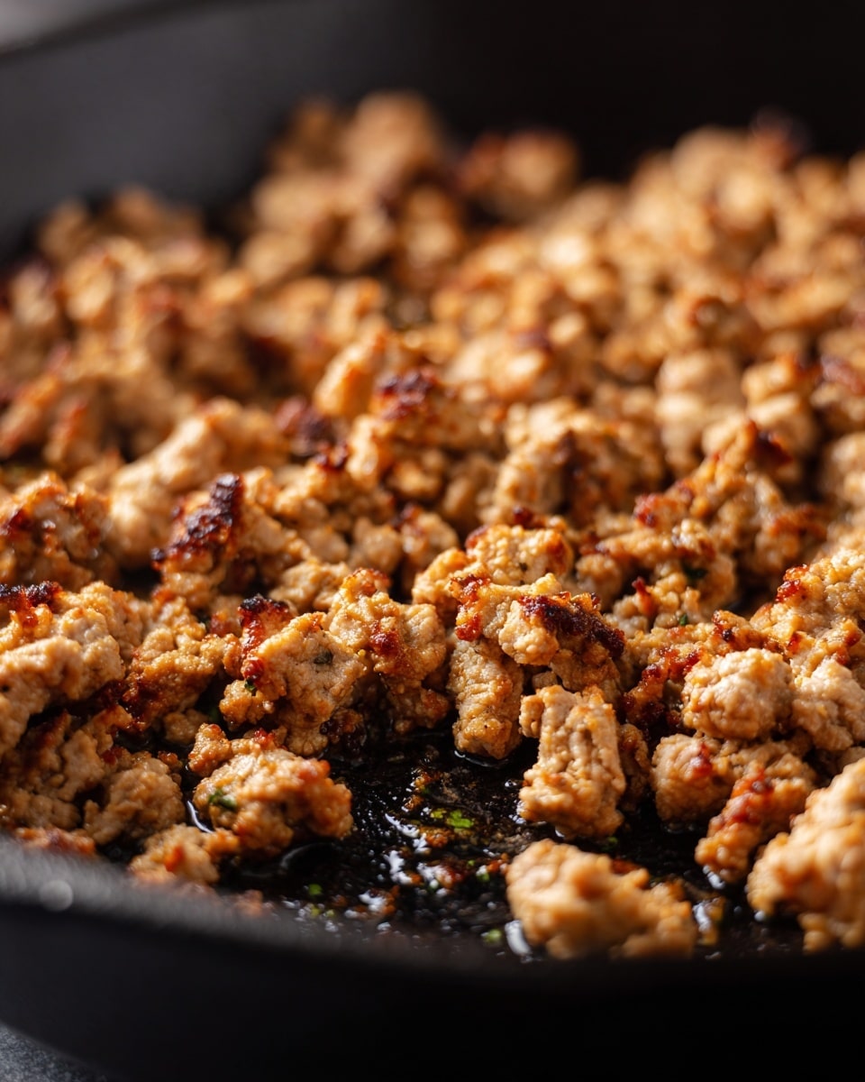 A close-up view of browned cooked ground meat pieces spread evenly inside a black cast iron skillet. The meat shows a mix of light brown to darker golden brown spots, with some parts appearing crispy and others soft, set against the textured black surface of the pan, with small pools of cooking juices around. The background is softly blurred, focusing on the meat and the pan. Photo taken with an iphone --ar 4:5 --v 7