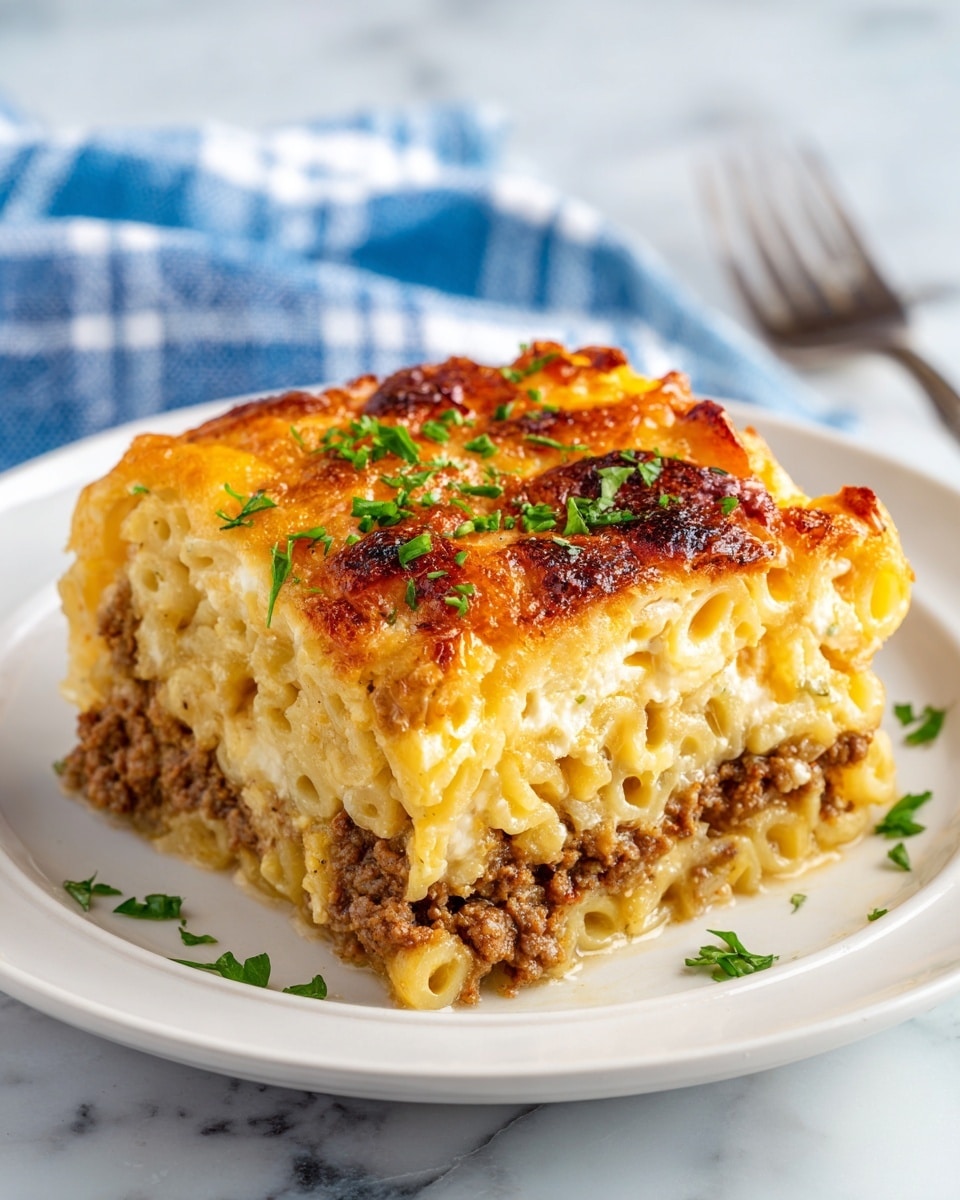 A slice of layered casserole on a white plate shows a bottom layer of cooked ground meat that is brown and crumbly, topped by a thick, fluffy layer of golden-brown baked macaroni and cheese with a slightly crispy top. Small green chopped herbs are sprinkled on top, adding a fresh touch. The plate is set on a white marbled surface with a blue and white cloth visible in the background. photo taken with an iphone --ar 4:5 --v 7