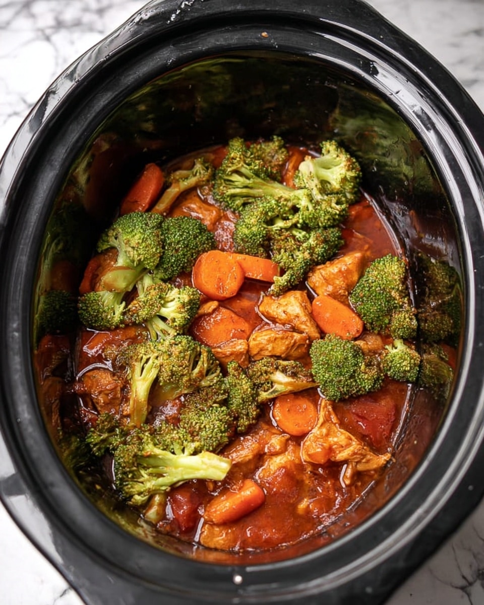 The image shows a black slow cooker filled with cooked food. The dish has three main layers visible from the top: the bottom layer looks like a brownish-red sauce covering the base, the middle layer has chunks of light brown cooked meat and orange carrot pieces, and the top layer is scattered with green broccoli florets. The broccoli has a slightly soft texture and is spread evenly over the meat and sauce. The slow cooker is placed on a white marbled surface. photo taken with an iphone --ar 4:5 --v 7