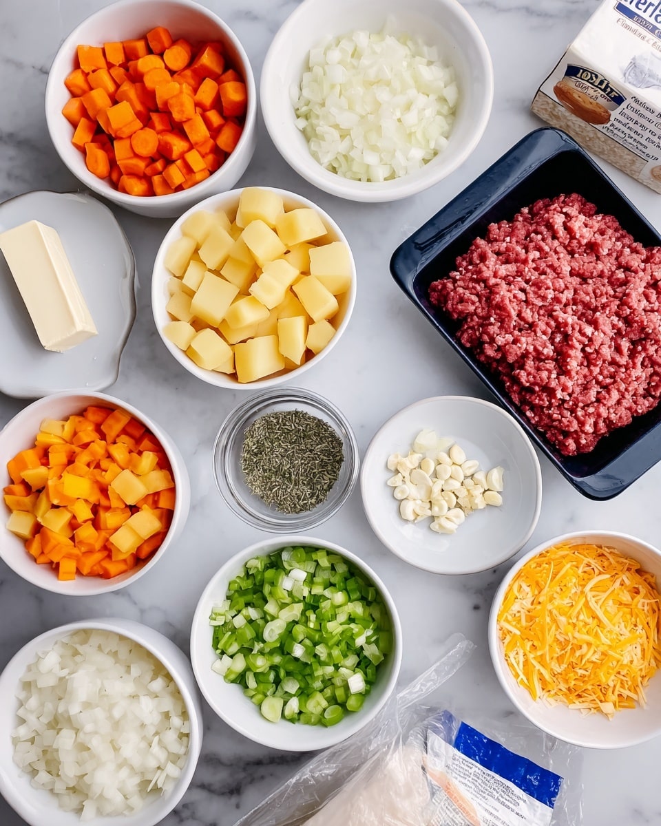 The image shows many small white bowls arranged on a white marbled surface. Each bowl has a different ingredient: one has chopped orange carrots, another has diced yellow potatoes, one contains chopped white onions, and another holds shredded orange cheese. There is a small white bowl with minced garlic and one with chopped green celery. A black tray in the center holds raw ground red meat. Also visible are a white stick of butter on a small white plate, a bunch of dried green herbs in a white bowl, a white bag of flour, and a box of heavy cream. The whole setup looks organized and ready for cooking. Photo taken with an iphone --ar 4:5 --v 7