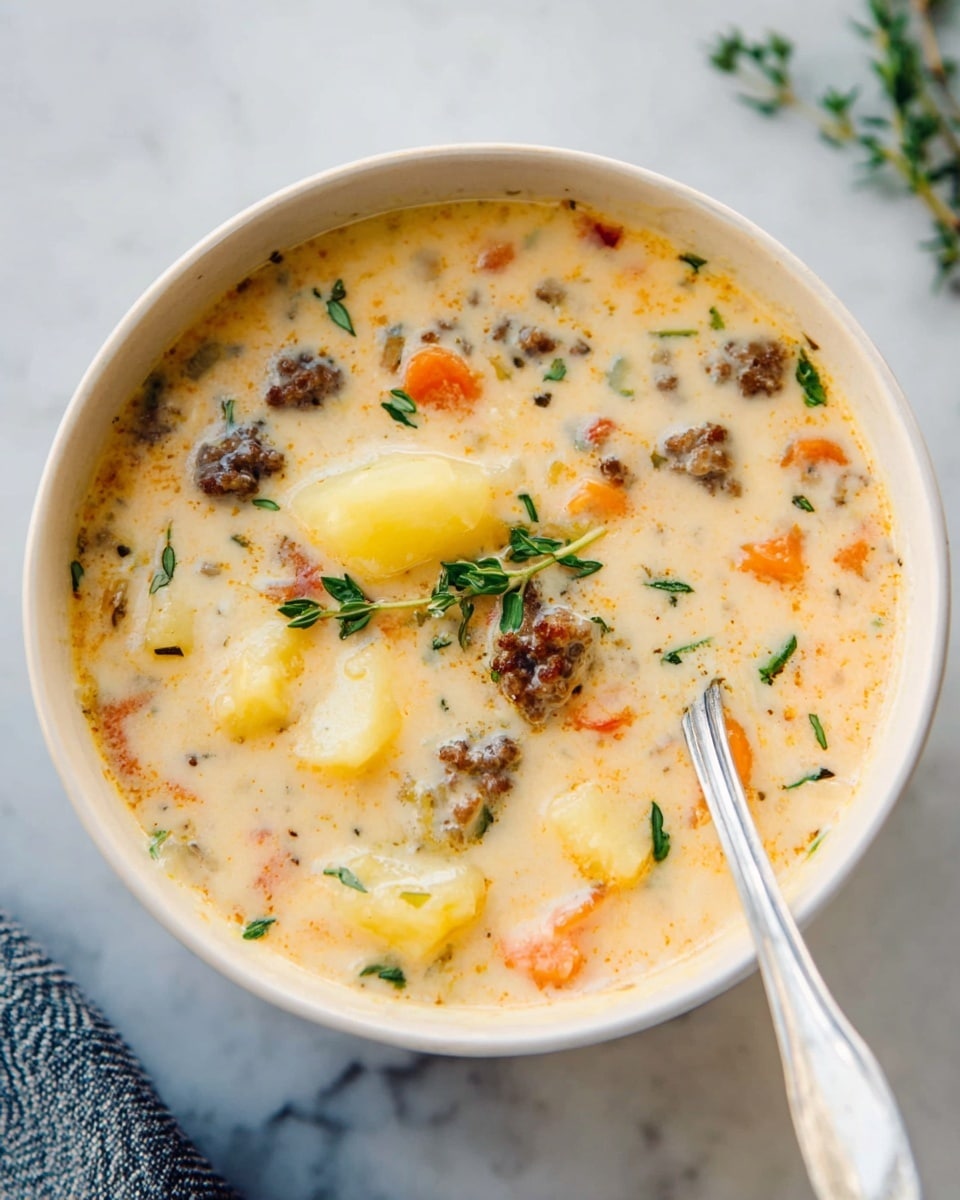 A bowl of creamy soup with three main layers visible: the pale beige creamy broth as the base, scattered with small chunks of browned sausage adding a rough texture and dark spots, soft yellow potato pieces giving a chunky feel, and tiny diced orange carrots along with bits of green herbs spread throughout. The soup is in a round white bowl, resting on a white marbled surface. A silver spoon is placed inside the bowl on the right side, partially submerged and tilted, with some soup on it. Small green sprigs of fresh thyme float on top, adding a touch of bright green color. Photo taken with an iphone --ar 4:5 --v 7