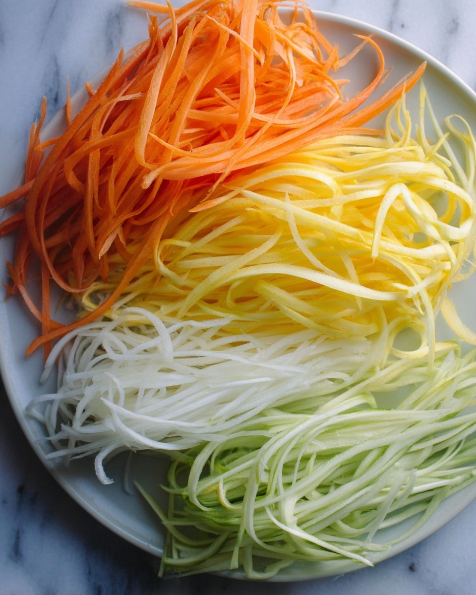 The image shows a white plate on a white marbled surface filled with four groups of very thin vegetable strips. Starting from the left, there are bright orange strips that look like carrots, followed by light yellow strips in the middle-top. Below the yellow, there are white strips, and to the right, there are pale green strips. All strips are long, thin, and slightly curly, layered closely next to each other in neat piles. The light shines softly, showing the fresh, smooth texture of each vegetable. Photo taken with an iphone --ar 4:5 --v 7