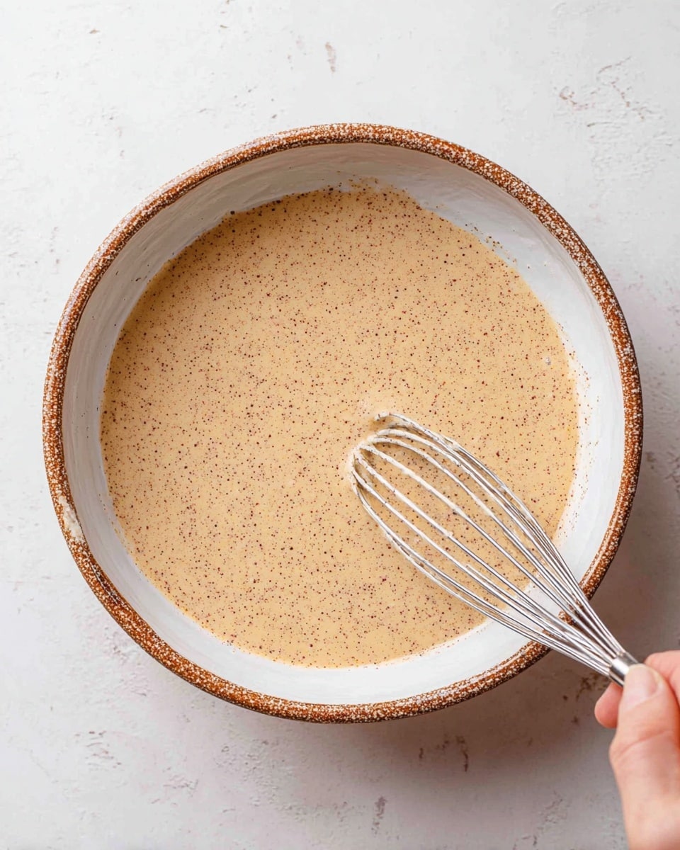 A top view of a bowl filled with a thick, creamy, light beige mixture speckled evenly with tiny darker brown flecks, creating a textured look. The bowl is white with a brown rim and speckled sides. A woman's hand is holding a metal whisk on the right side, partially dipped in the mixture. The bowl sits on a white marbled surface. photo taken with an iphone --ar 4:5 --v 7
