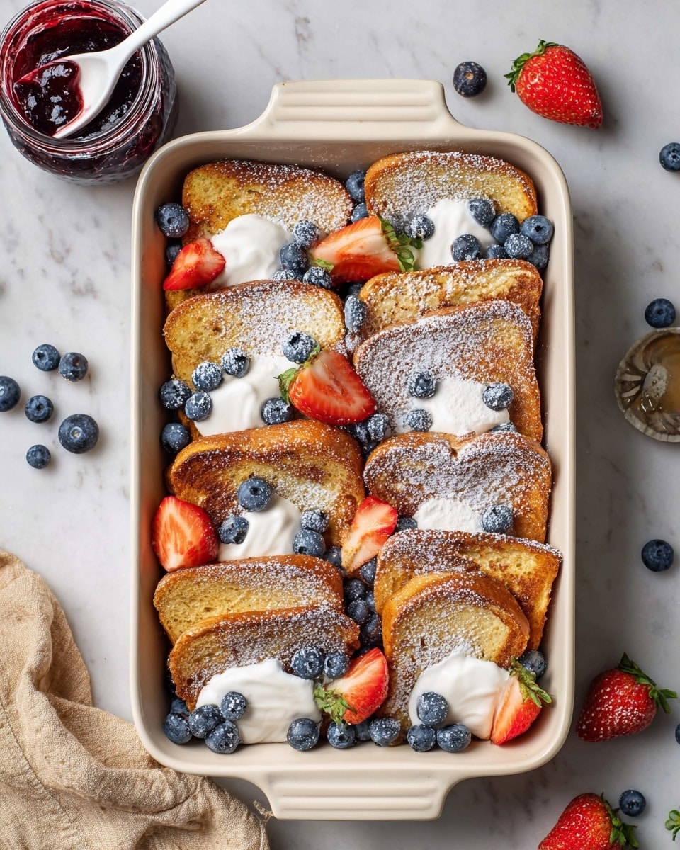 A white rectangular baking dish holds three rows of lightly browned toasted bread slices, eight slices in total, arranged standing up and slightly leaning on each other. Each slice is dusted with powdered sugar and topped with small dollops of white cream. Fresh blueberries and halved strawberries are scattered on top and between the slices, adding pops of blue and red color. To the top left corner, a jar with dark red jam and a white spoon stands partially visible. The dish sits on a white marbled surface with scattered blueberries, strawberries, and a beige cloth partially visible. Photo taken with an iphone --ar 4:5 --v 7