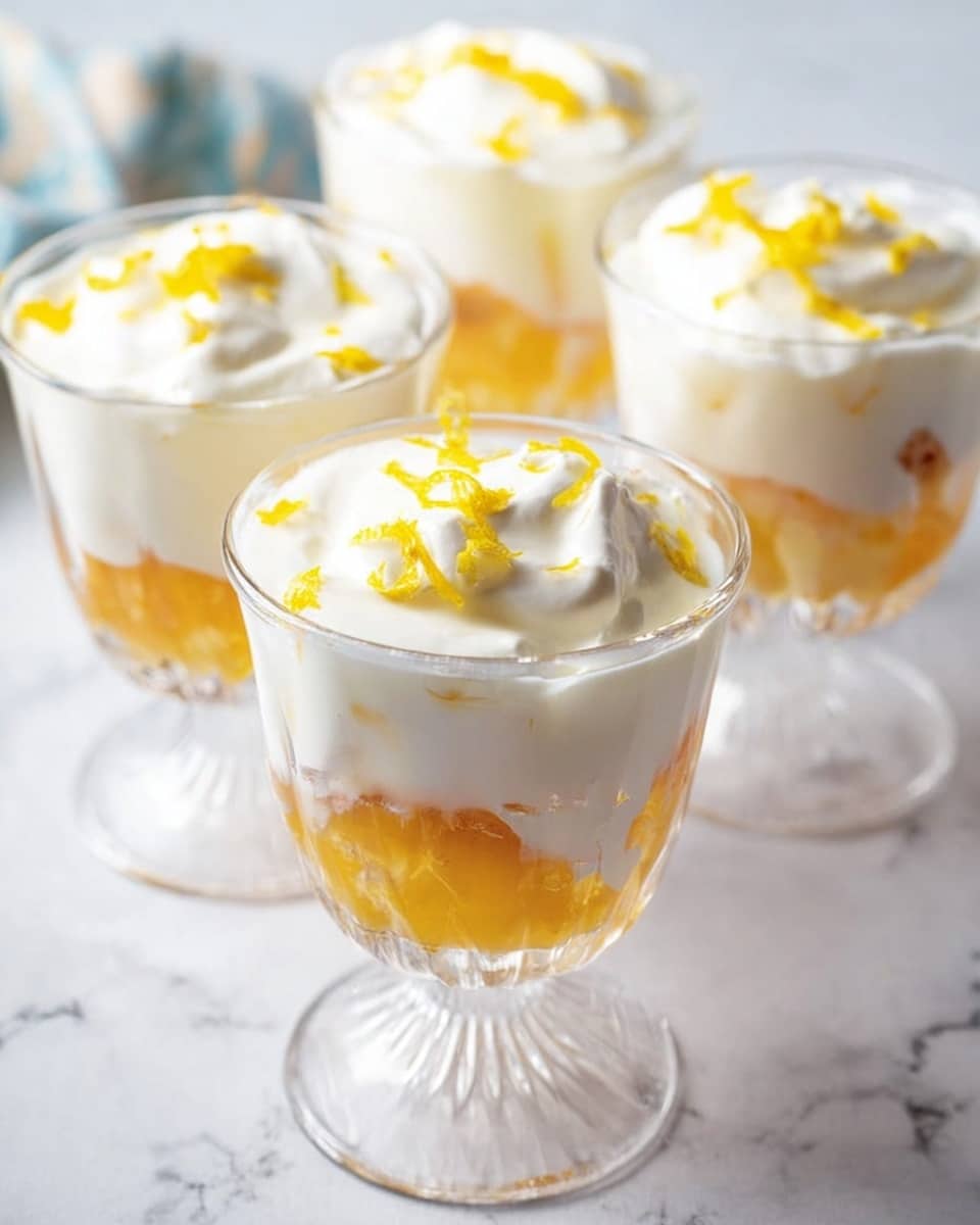 The image shows four clear glass dessert cups filled with a layered dessert placed on a white marbled surface. Each cup has about three layers starting with a golden-yellow jelly or fruit layer at the bottom, followed by a thick, creamy white layer in the middle, and topped with a smooth, fluffy white cream layer. Small bright yellow zest pieces are sprinkled on top of the cream, adding a pop of color. The glass cups have a wide, clear base and are slightly faceted, giving them a textured look. Photo taken with an iphone --ar 4:5 --v 7
