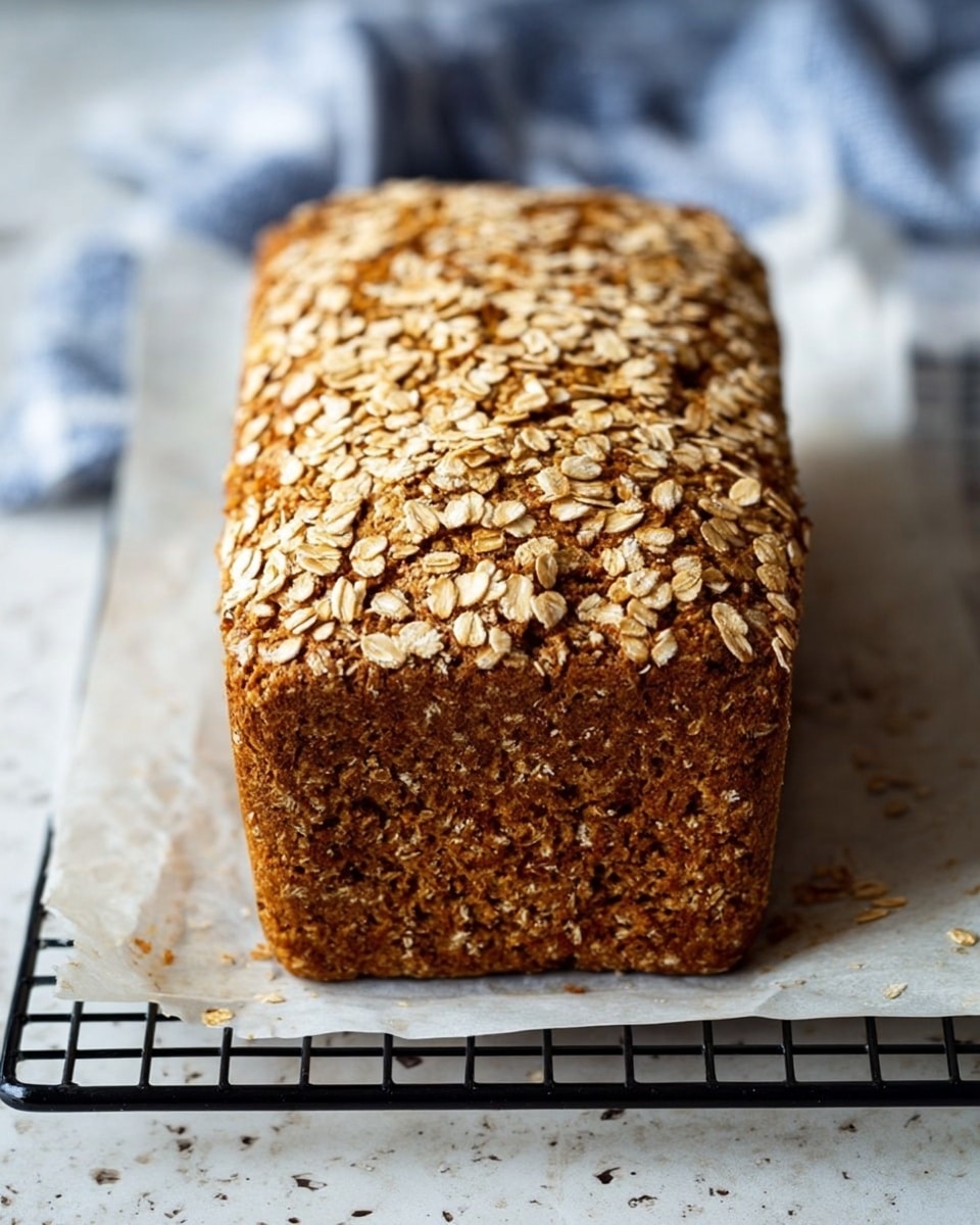 A rectangular loaf of brown bread sits on a white parchment paper over a black cooling rack. The bread has a rough, slightly cracked top that is covered with a thick layer of light beige rolled oats, giving it a textured look. The sides show a dense, dark brown crumb with a slightly rough surface. The background is a white marbled texture, and a blue and white cloth is seen blurred in the top part of the image. photo taken with an iphone --ar 4:5 --v 7