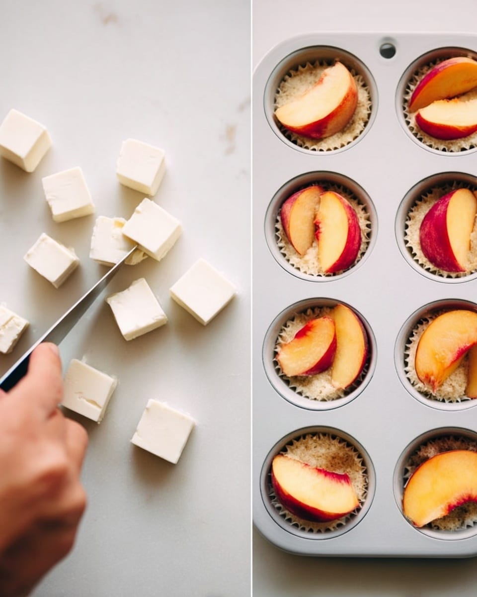 The image shows two parts side by side on a white marbled surface. On the left side, a woman's hand holds a knife slicing white cheese or tofu into small square pieces arranged neatly. On the right side, a white muffin tray holds several cups filled with a beige crumbly base layer topped with thin, curved slices of peach that show orange and red skin hues, creating a fresh and colorful top layer. The textures contrast between the smooth white pieces and the soft fruit slices on crumbly bases. Photo taken with an iphone --ar 4:5 --v 7